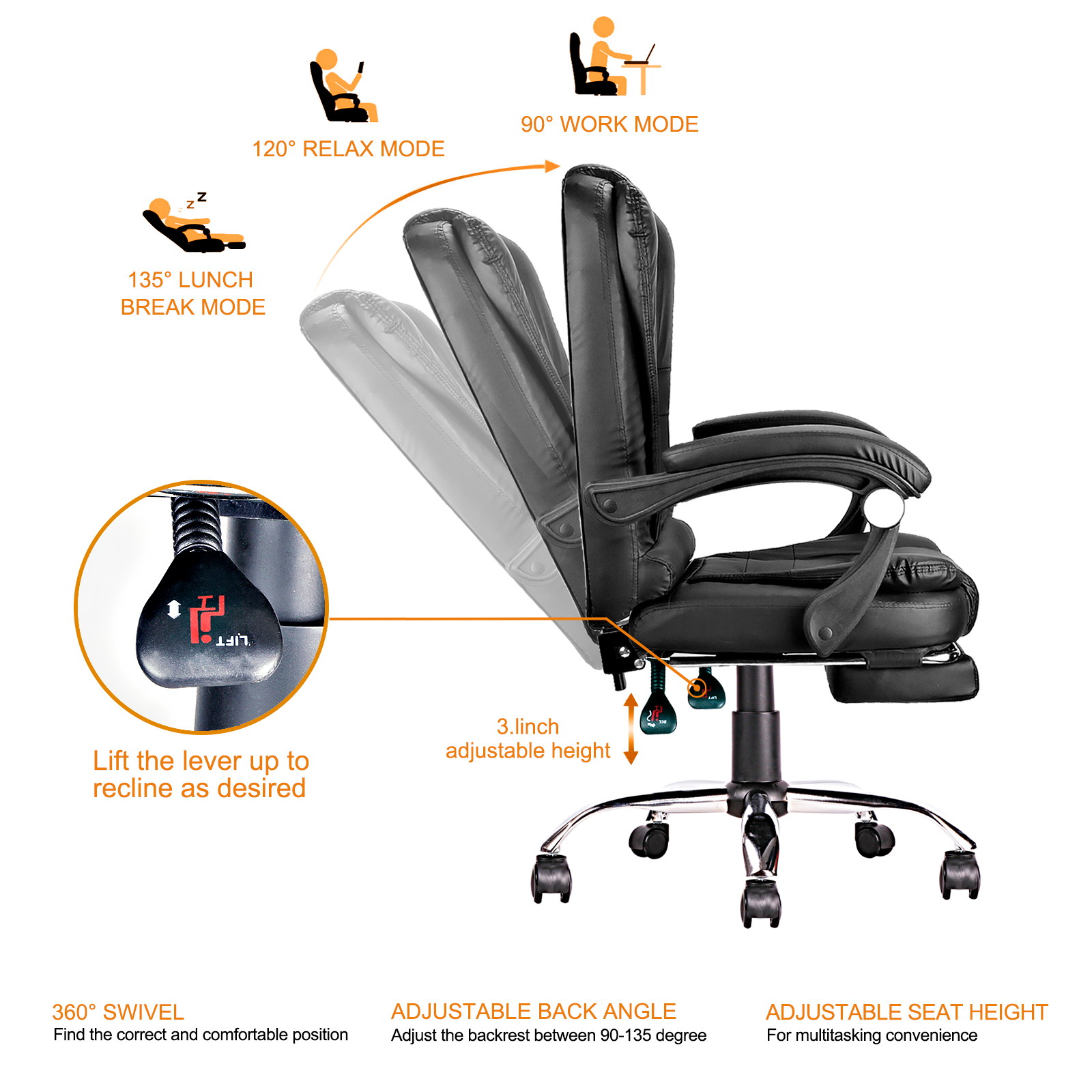 Ergonomic Executive Office Swivel Chair, Gaming Chair, Computer Chair, high Back, Adjustable Height and Angle
