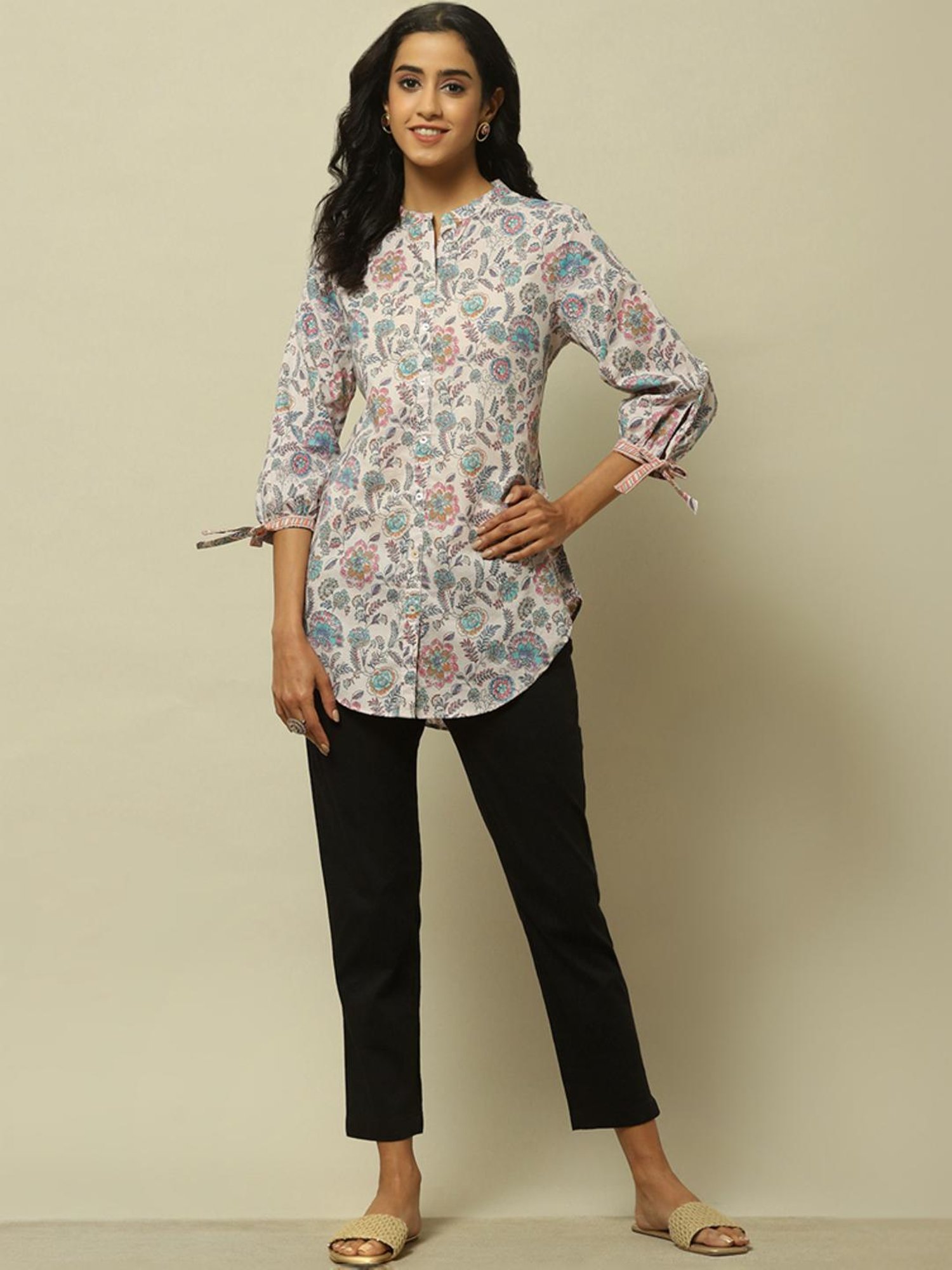 Rangriti Beige Cotton Printed Tunic