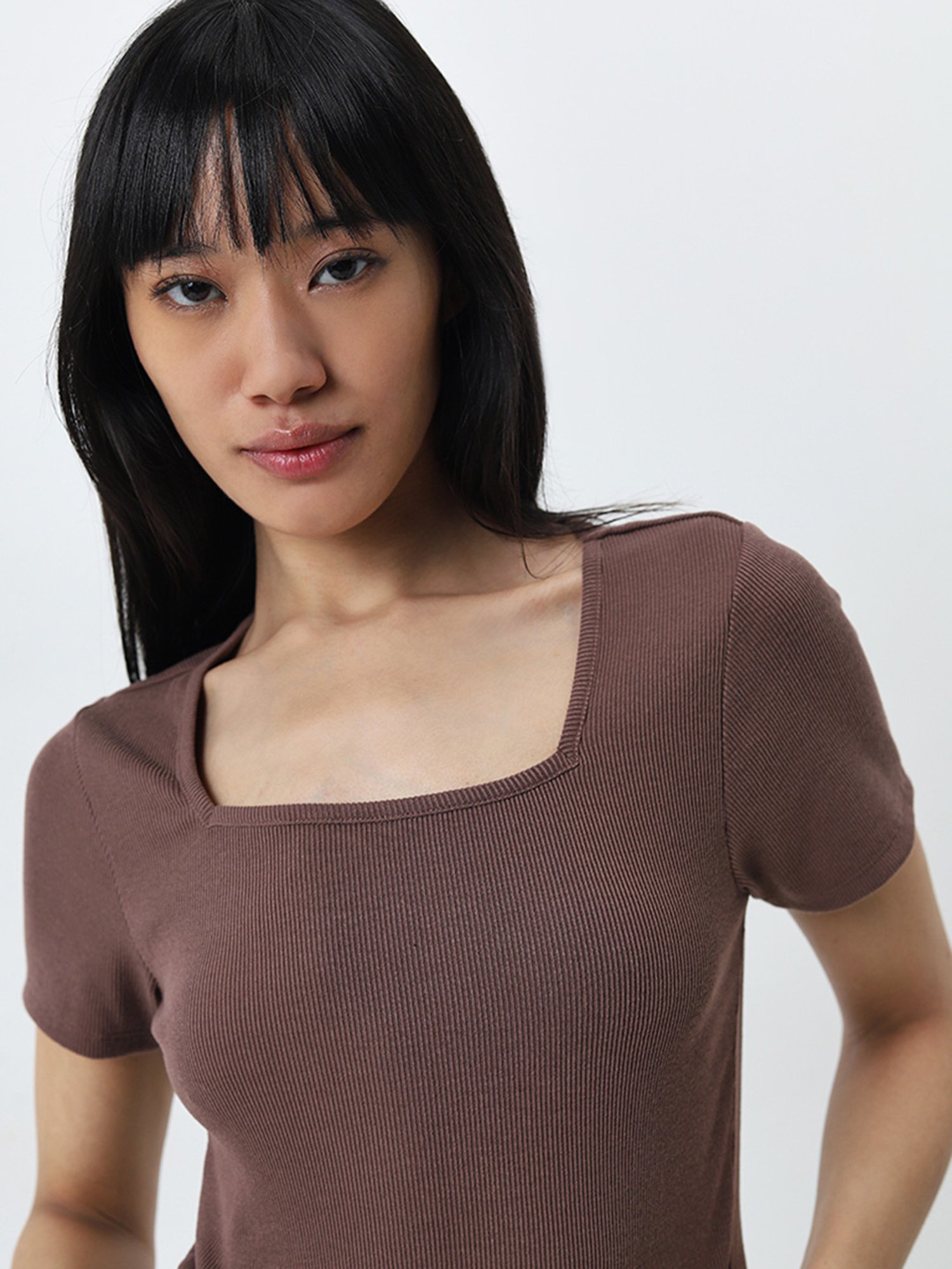 Superstar by Westside Brown Ribbed Textured T-Shirt