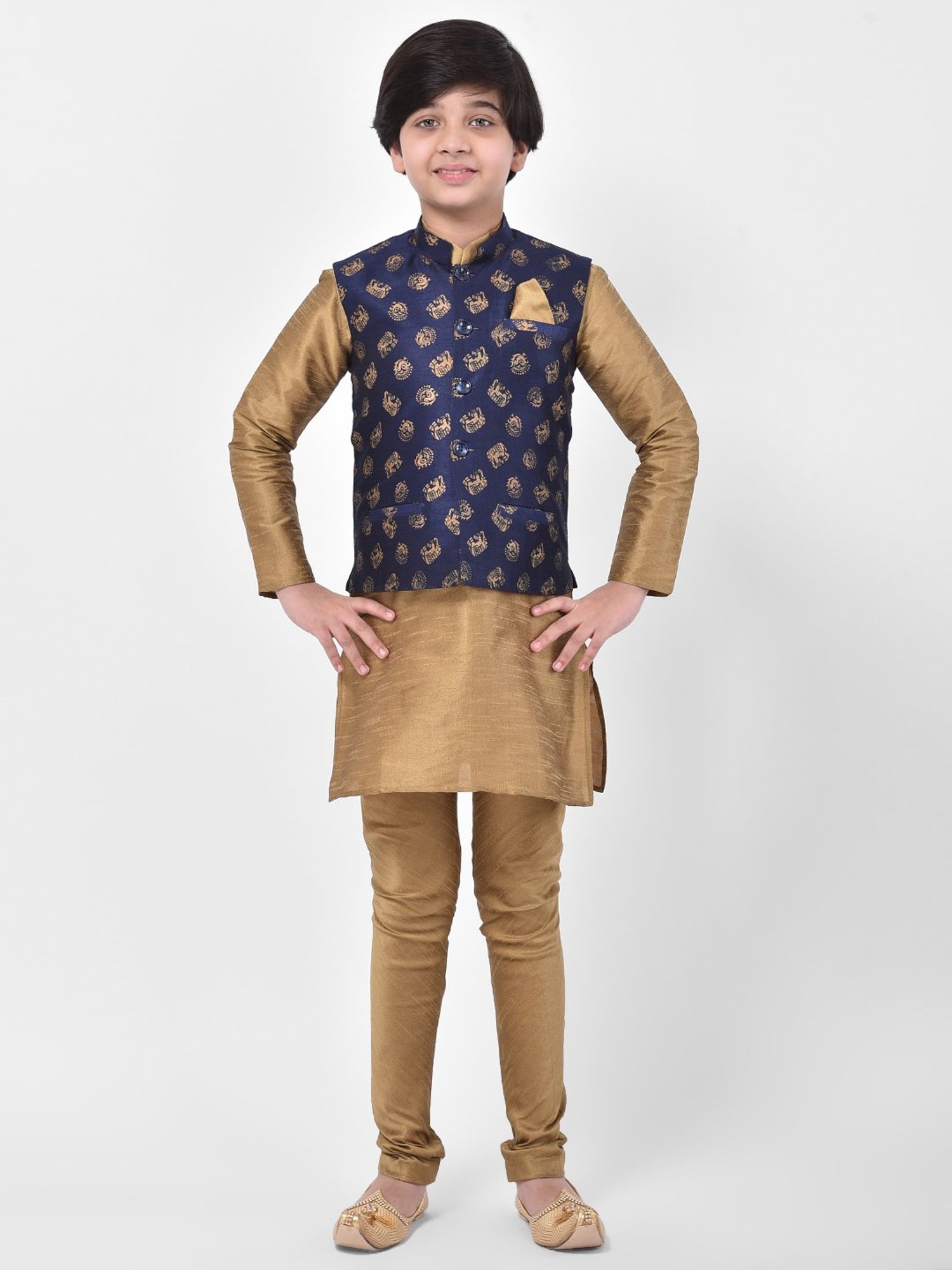 Deyann Kids Navy Embroidered Nehru Jacket
