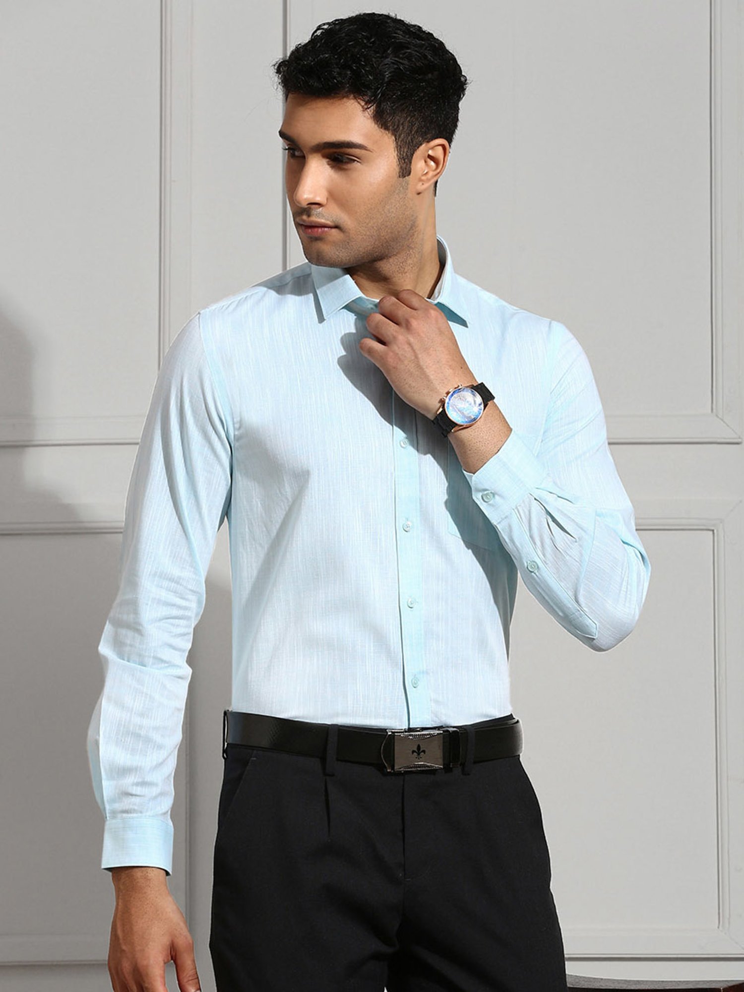 Ramraj Light Blue Regular Fit Textured Cotton Shirt