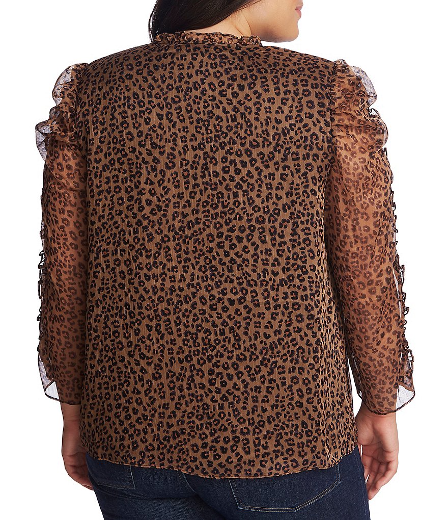 CeCe Plus Size Keyhole Tie Keyhole Neck 3/4 Ruffle Sleeve Detail Leopard Print Blouse