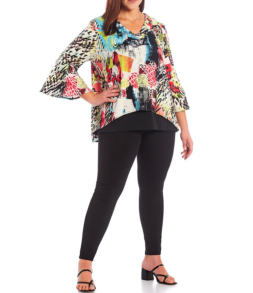 Calessa Plus Size Abstract Print V-Neck Bell Cuff 3/4 Sleeve Knit Mesh Overlay Tunic