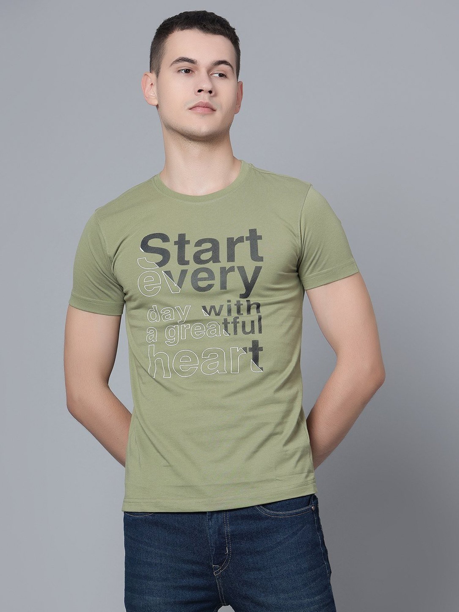 Cantabil Green Cotton Regular Fit Printed T-Shirt