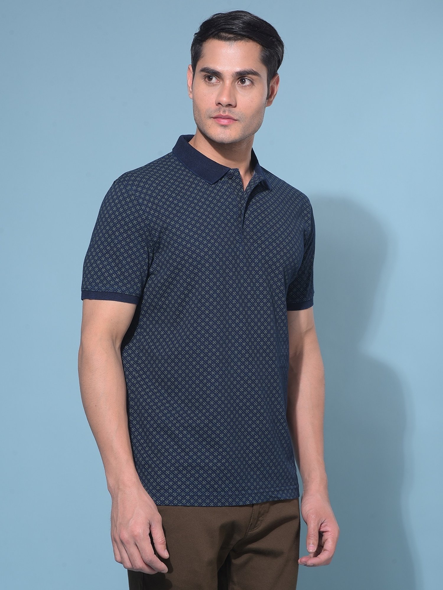 Crimsoune Club Navy Blue Cotton Slim Fit Printed Polo T-Shirt