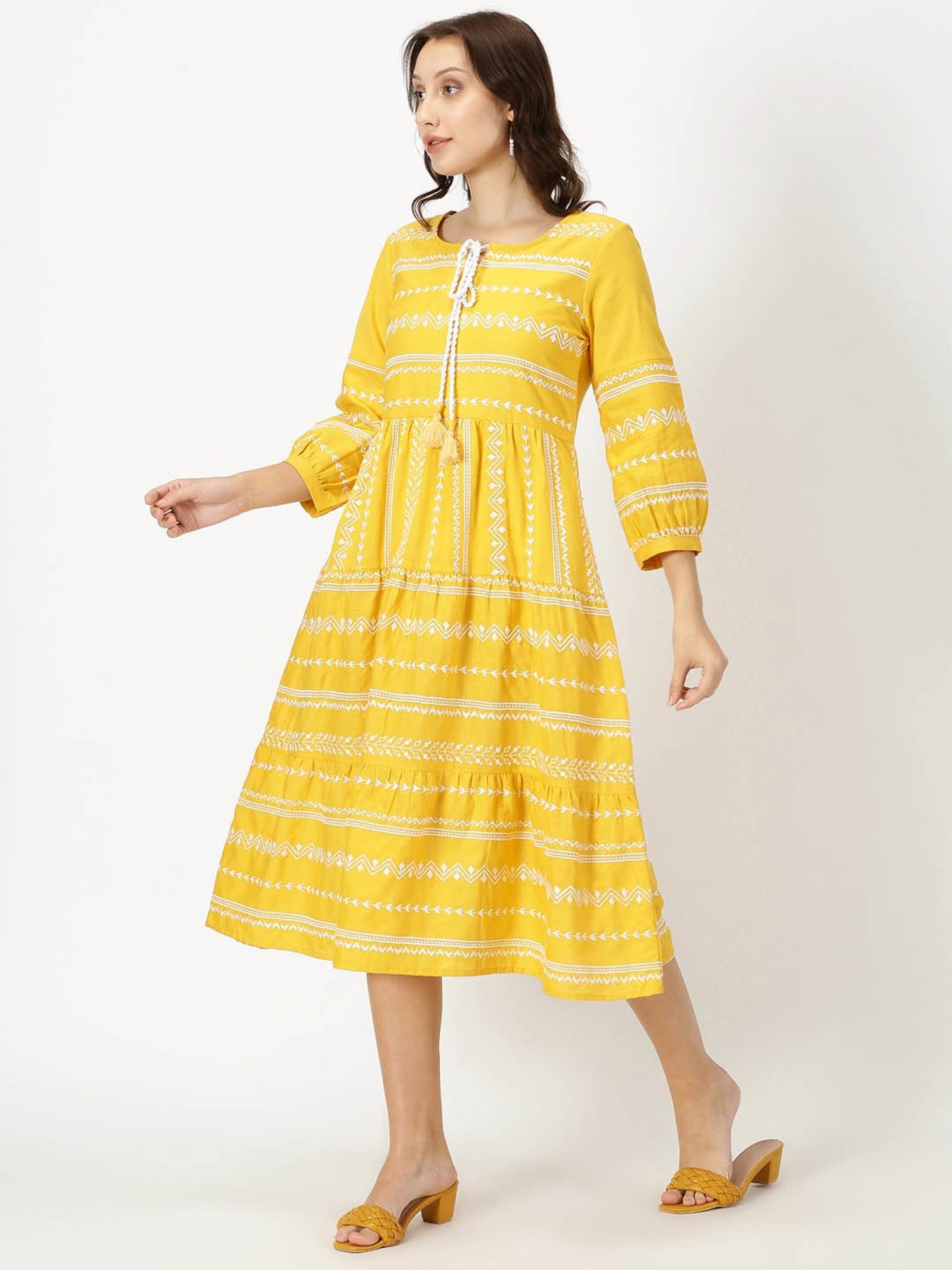 Saffron Threads Yellow Cotton Embroidered Ethnic Dress