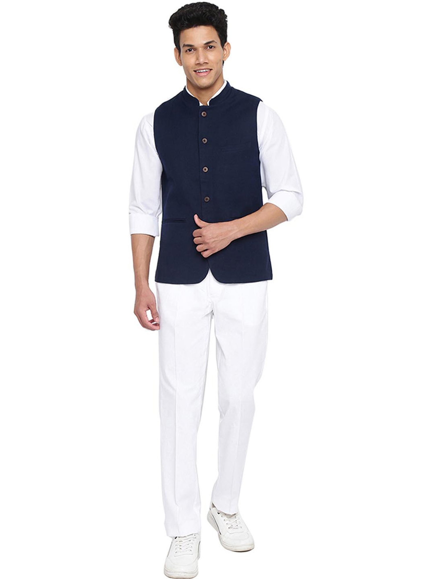 Fabindia Navy Cotton Slim Fit Nehru Jacket