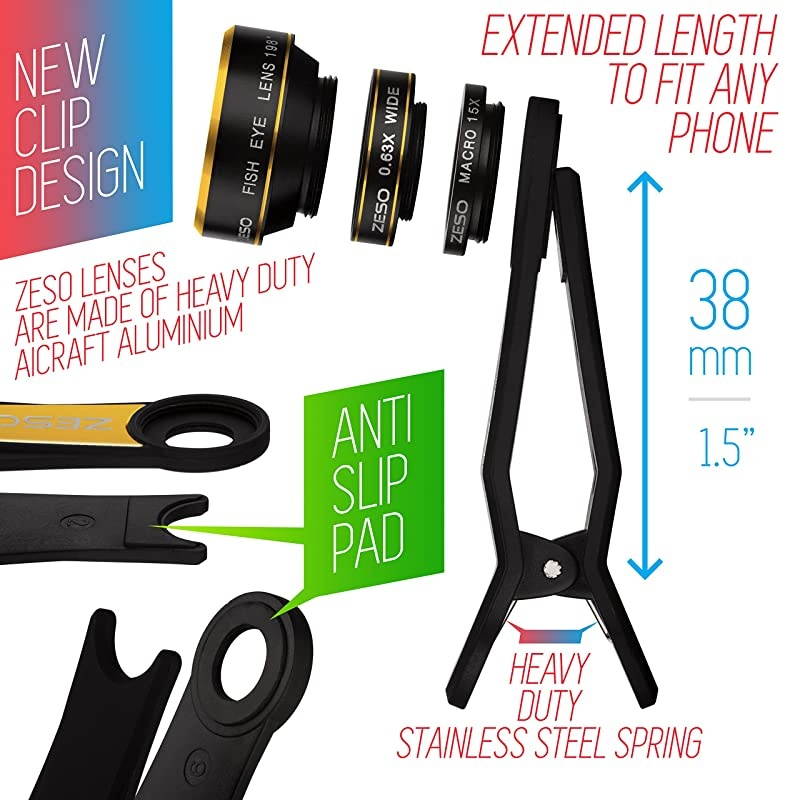 Cell Phone Camera Lens 3 in 1 Kit by  Professional Fisheye Macro Wide Angle Lenses | for iPhone Samsung Galaxy Android iPads Tablets | Universal Clip Hard Case Gold