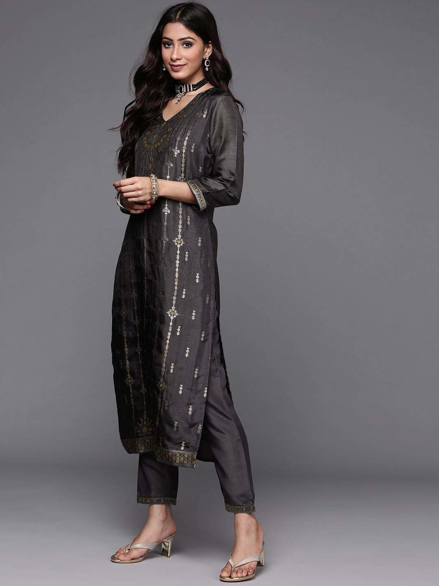 Libas Black Woven Pattern Kurta Pant Set With Dupatta