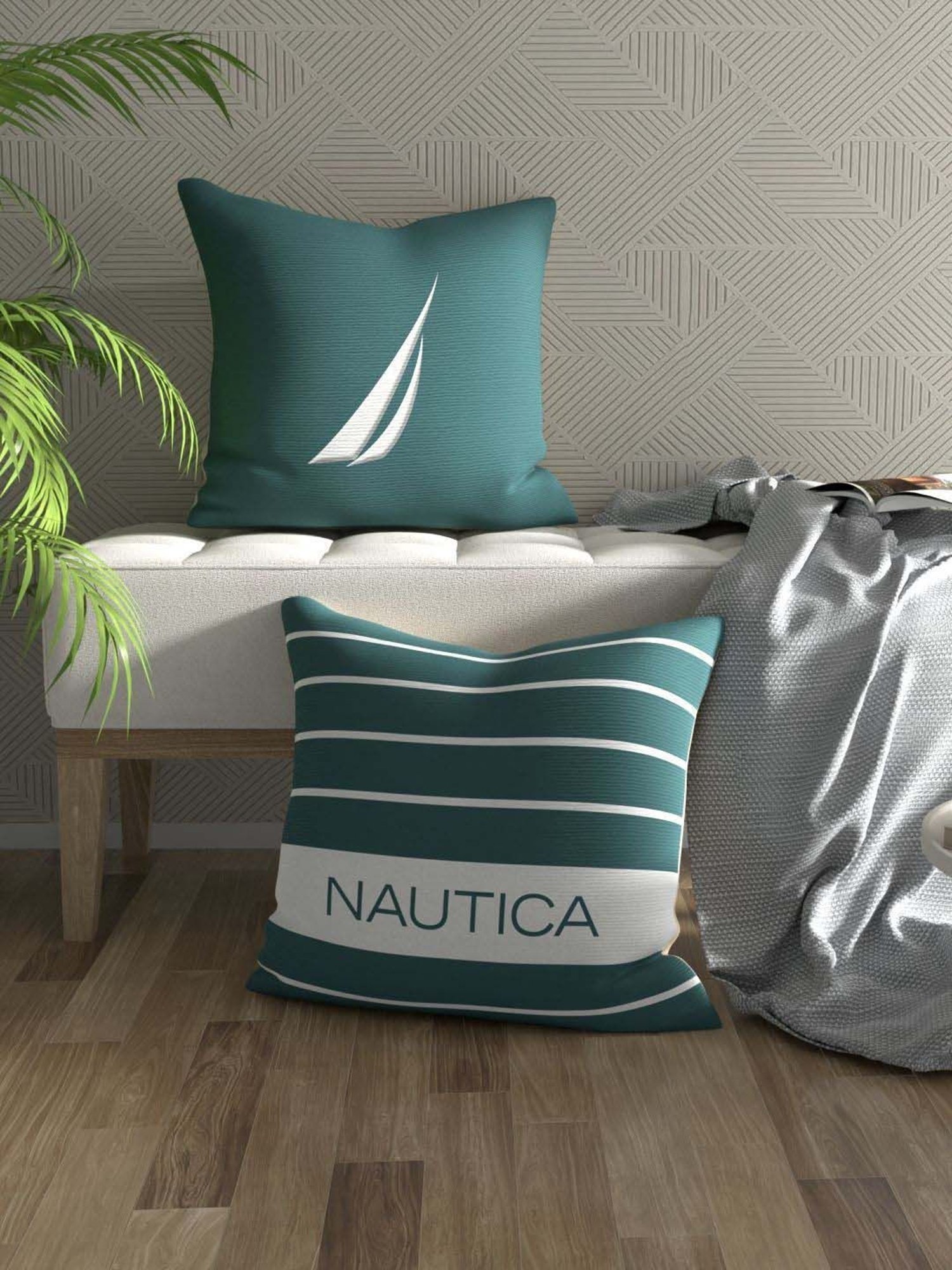 Nautica Logo Stripe Forest Green Microfibre 300 GSM Premium Cushion Covers - Set of 2
