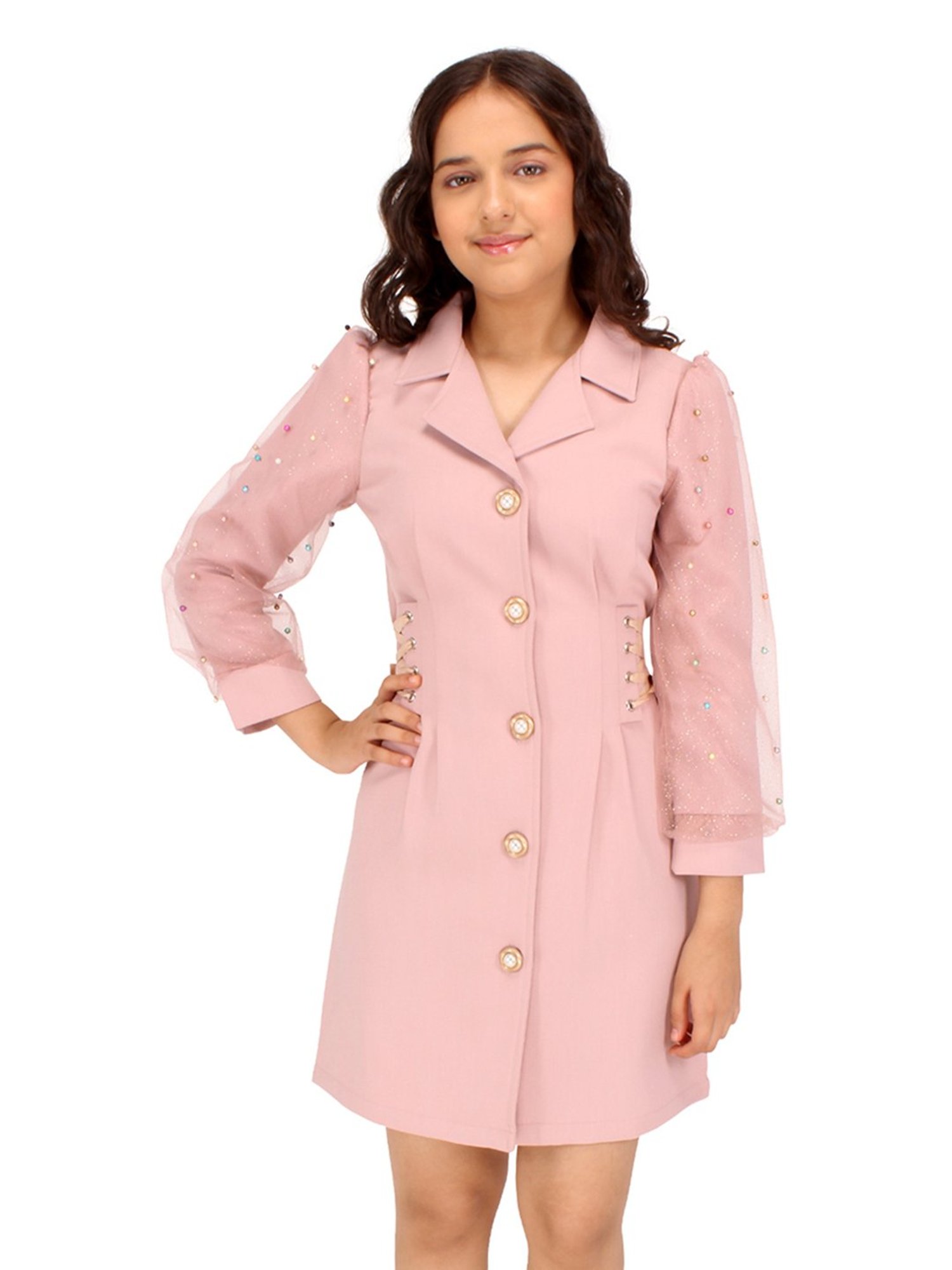 Cutecumber Kids Dusty Pink Embellished Full Sleeves Dress