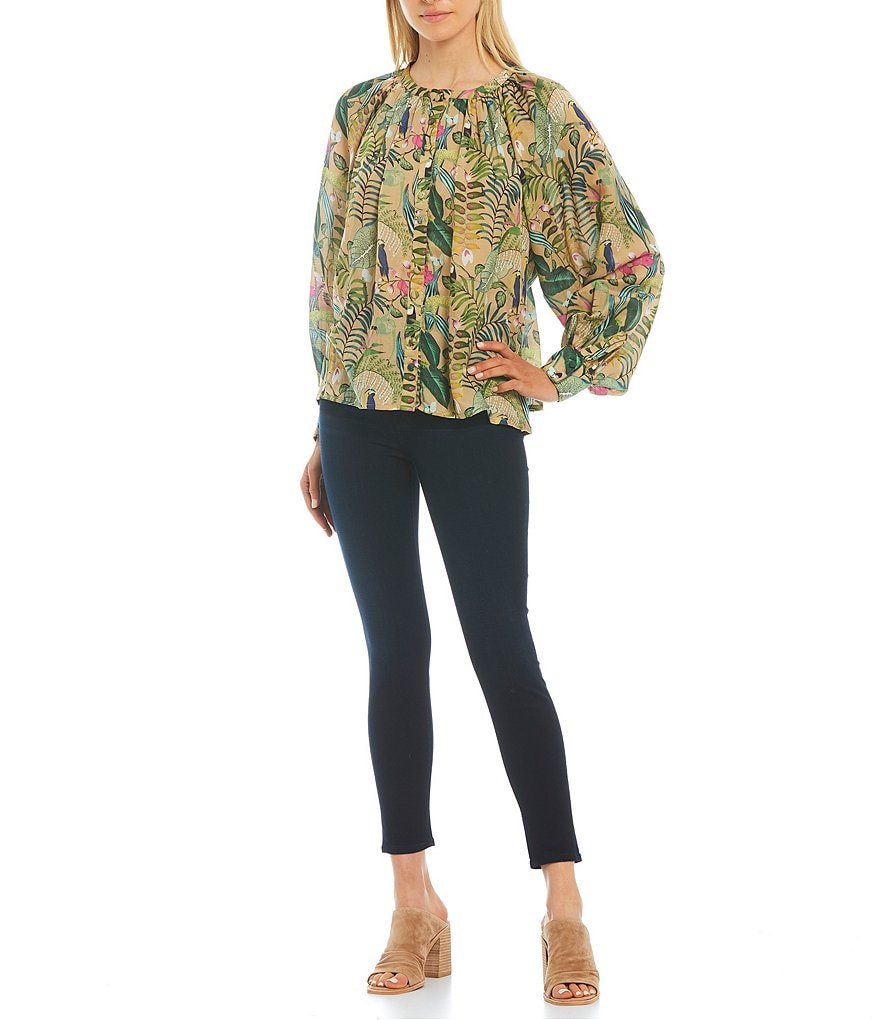 Roller Rabbit Franca Print Ada Woven Jewel Neck Long Sleeve Top