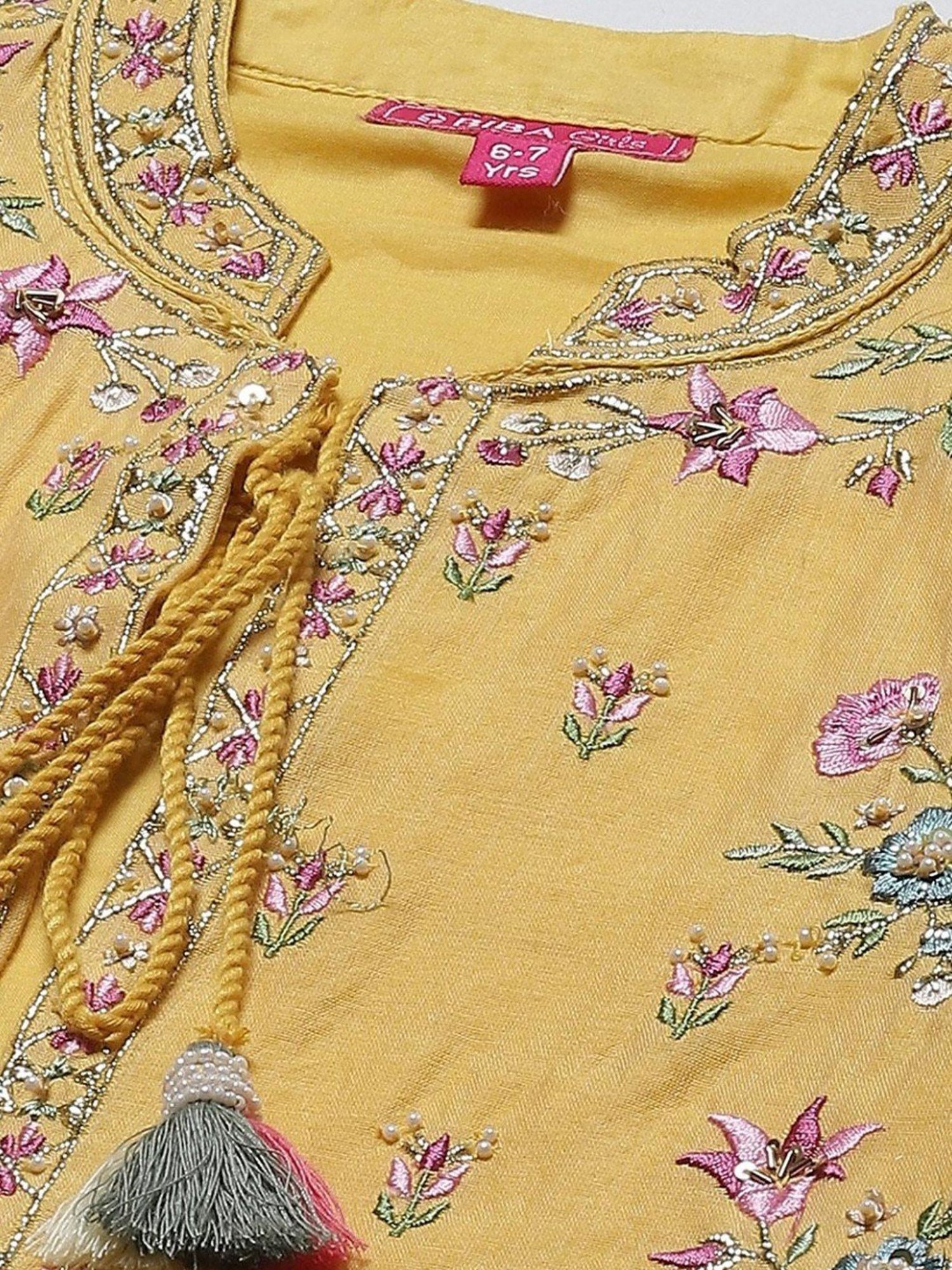 Biba Kids Yellow & Pink Embroidered Kurta Set