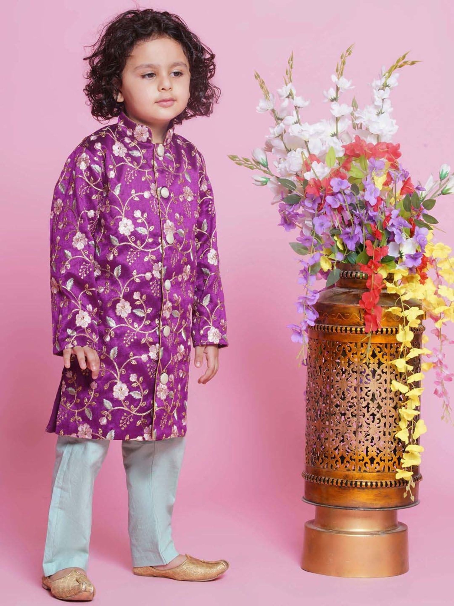 Little Bansi Boys Purple & Grey Embroidery Full Sleeves Kurta Set