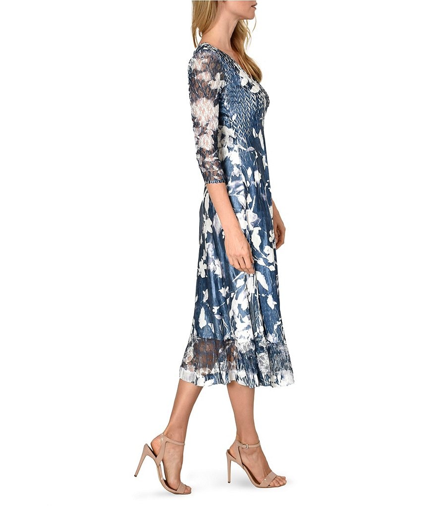 Komarov V-Neck 3/4 Sleeve Midnight Vine Floral Charmeuse Midi Dress