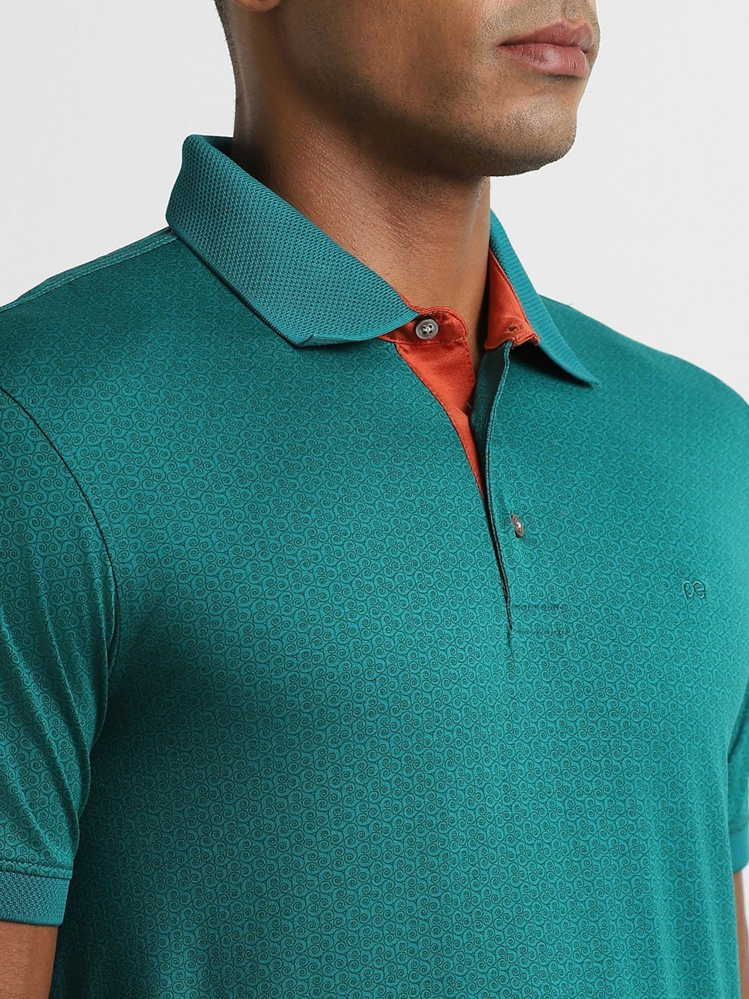 Peter England Green Cotton Slim Fit Printed Polo T-Shirt