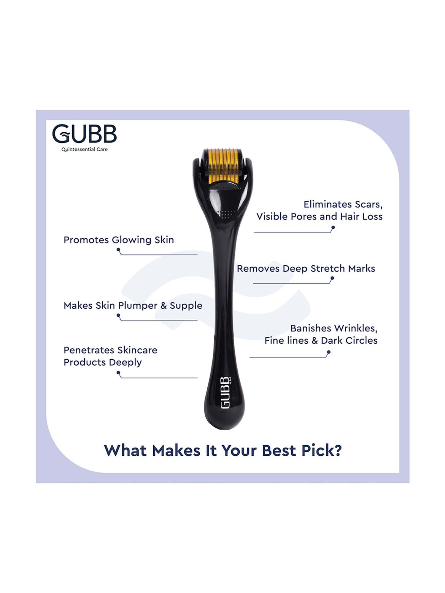 GUBB Derma Roller 0.5mm for Hair Regrowth & Skin Aging, 540 Micro Needles Roller - Golden