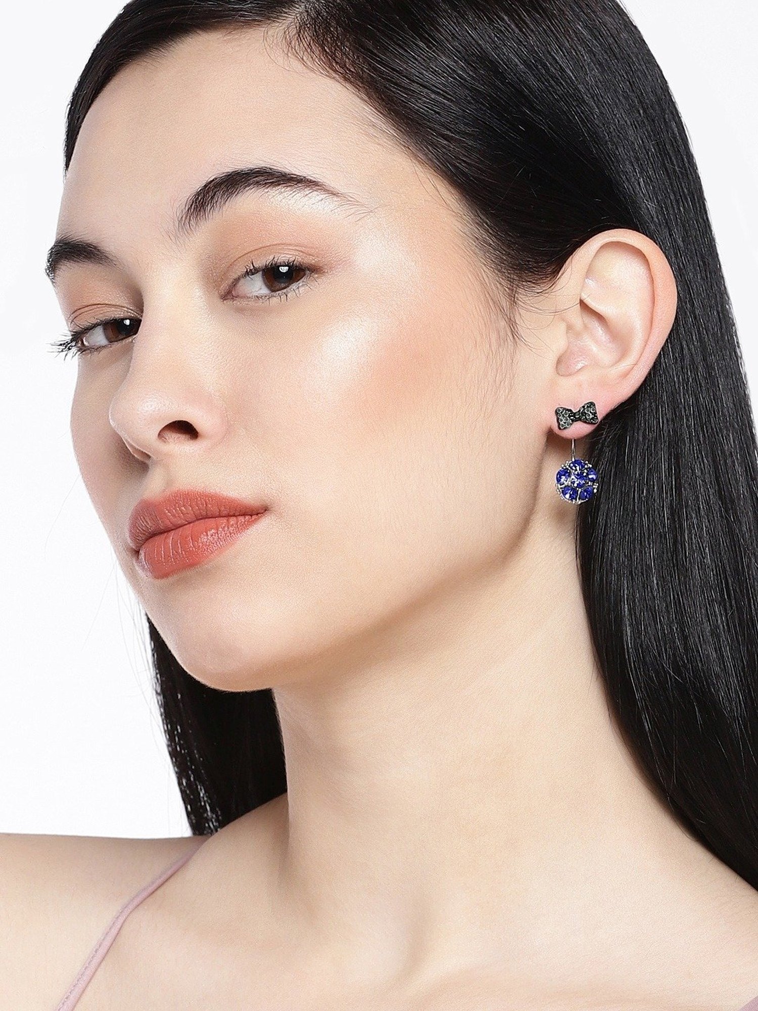 OOMPH Blue & Black Crystal Ear Jacket Fashion Drop Earrings Stylish Latest for Women