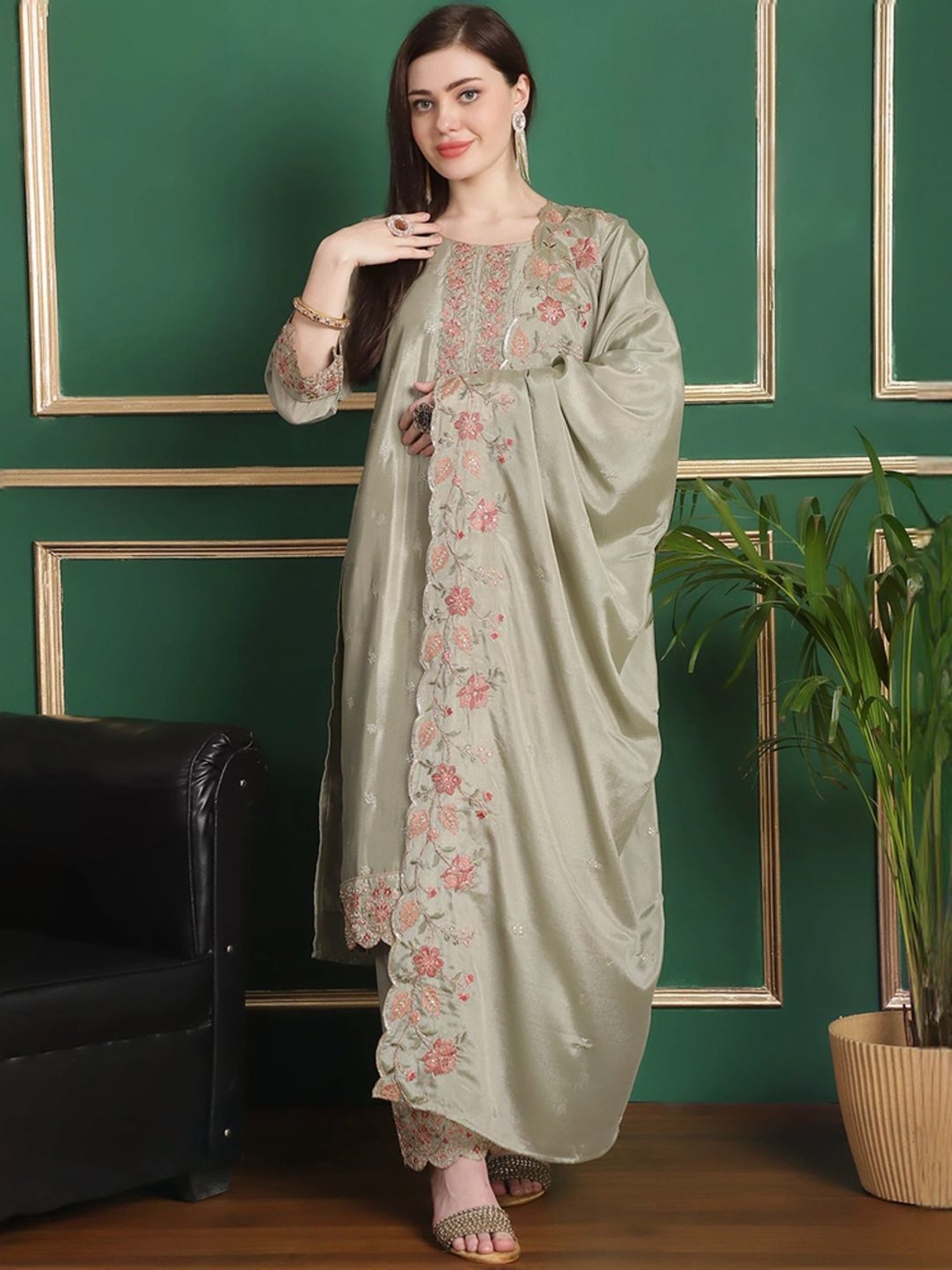Stylee LIFESTYLE Olive Green Embroidered Unstitched Dress Material