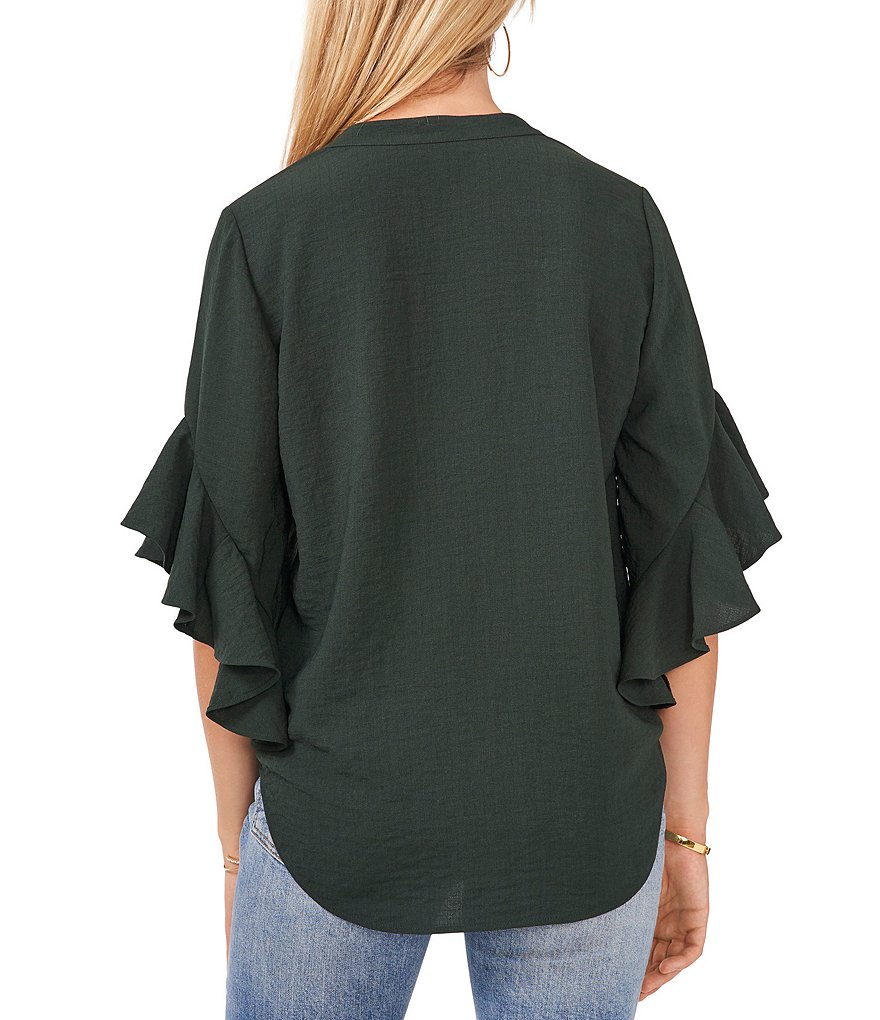 Vince Camuto Ruffled Short Elbow Flutter Sleeve V-Neck Matte Rumple Henley Blouse