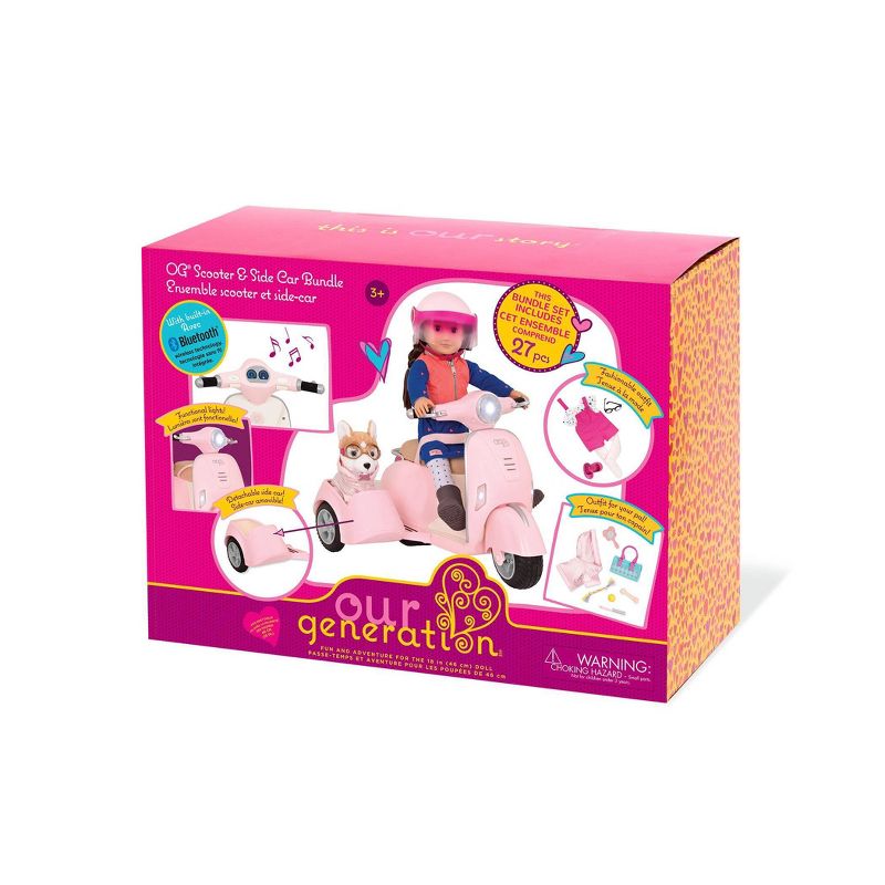 Our Generation 18" Doll Leslie with Plush Pet Husky, Pink Scooter, Outfit, and Accessories