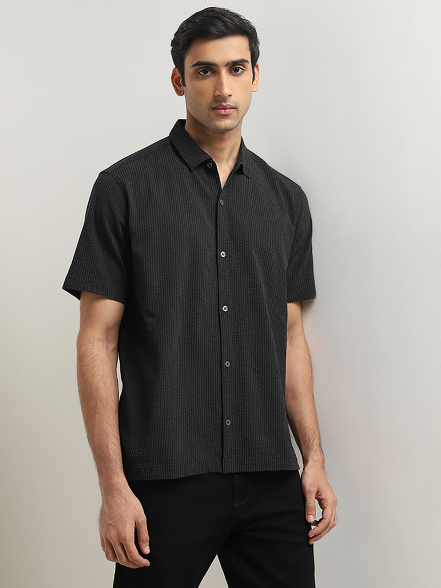 Ascot by Westside Black Striped Ribbed Relaxed-Fit Shirt
