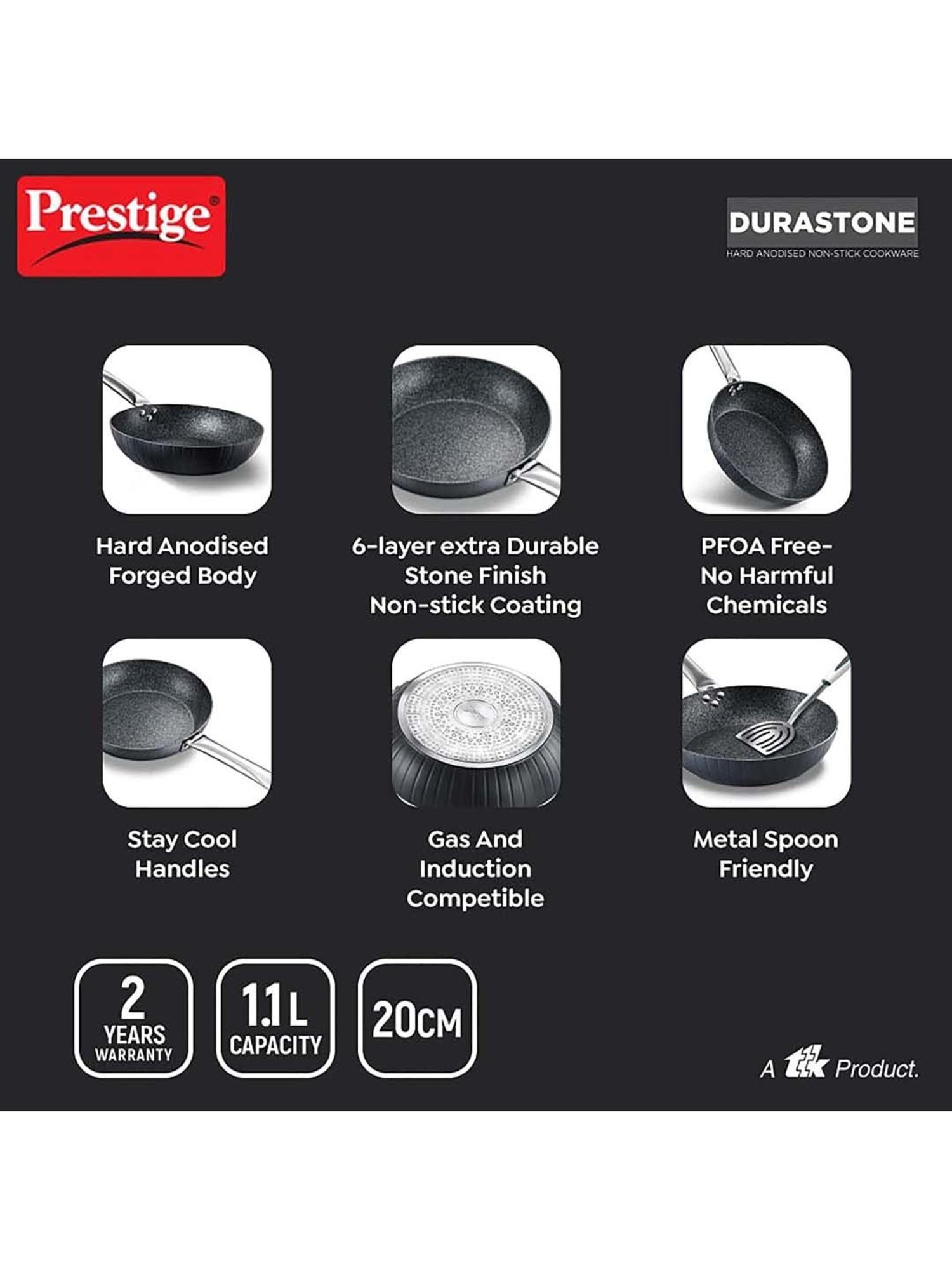 Prestige Black Hard Anodised 20 cm Non-Stick 6-Layer Fry Pan (1.1 L)
