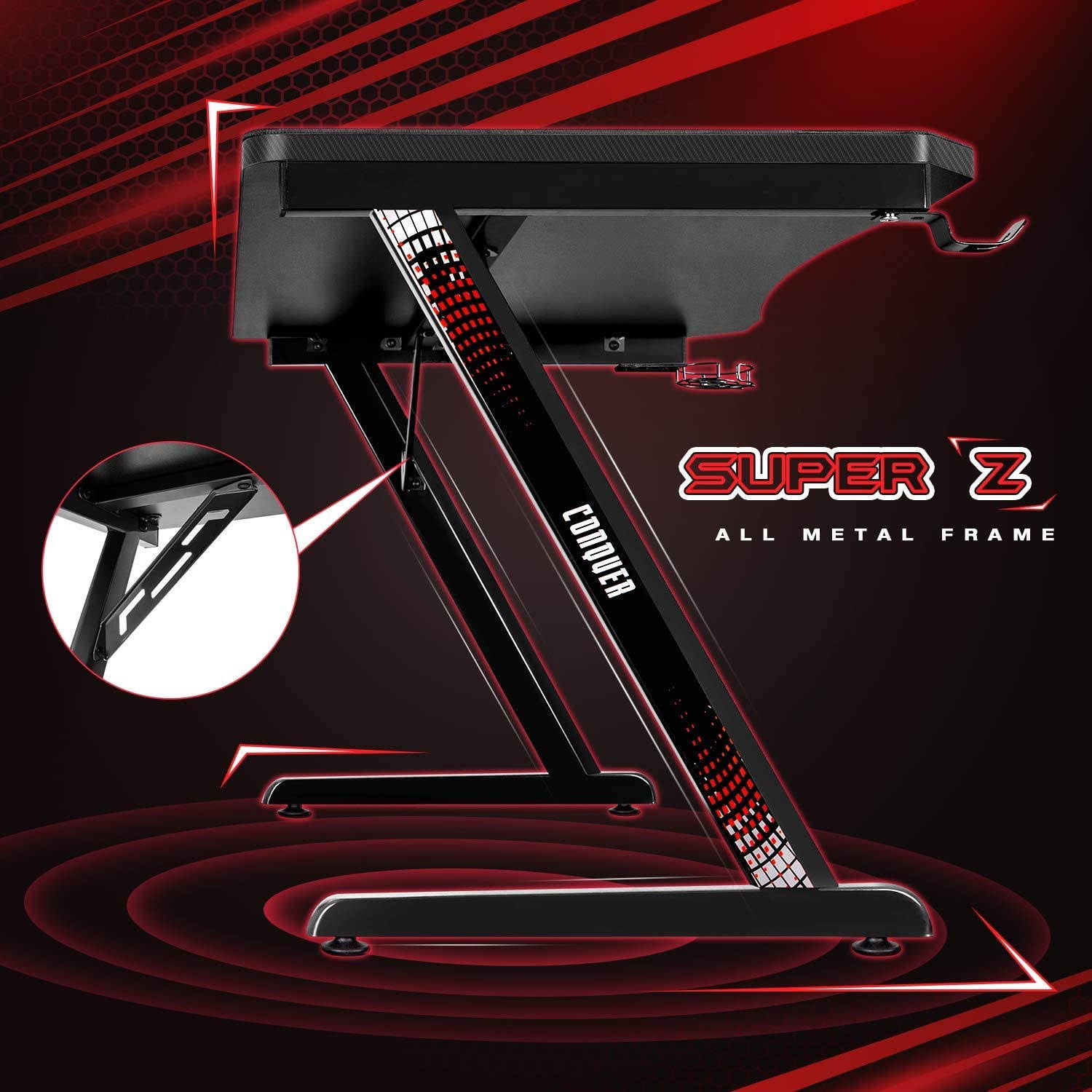 Devoko Gaming Desk 63 Inch Computer Gaming Desk Z-Shaped Pc Gaming Desk with Carben Fiber Surface Gamer Desk with Free Mouse Pad Home Office Desk with Cup Holder and Headphone Hook (Red)