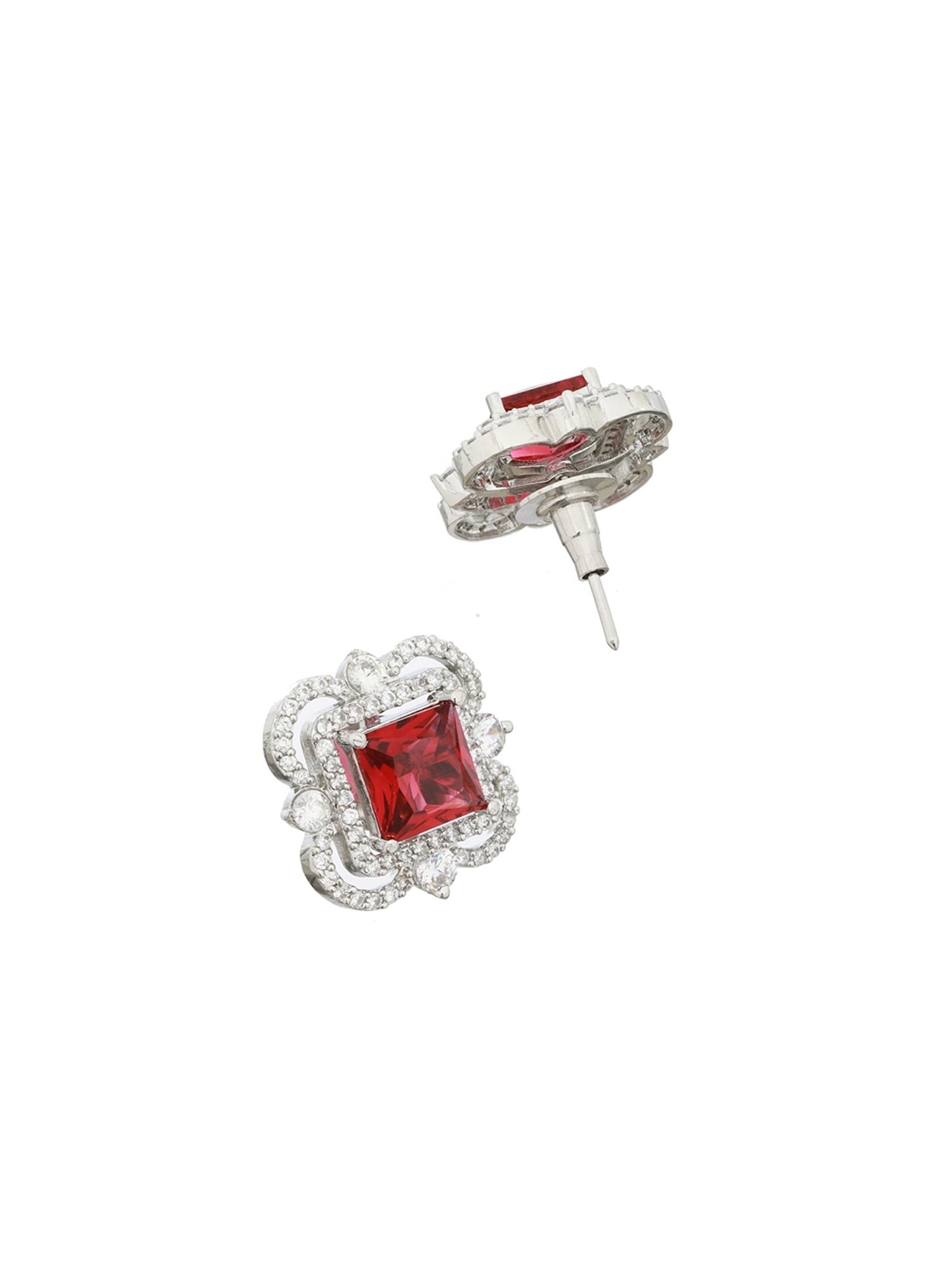 Saraf RS Jewellery Silver Red AD Studded Minimal Studs Earrings