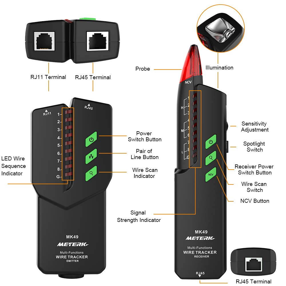 Wire Tracker, RJ11 RJ45 Multifunctional Cable Tester Line Finder with NCV Probe for Wire Tracer Toner Ethernet LAN Network Cable Collation, Telephone Line Tester, Continuity Checking