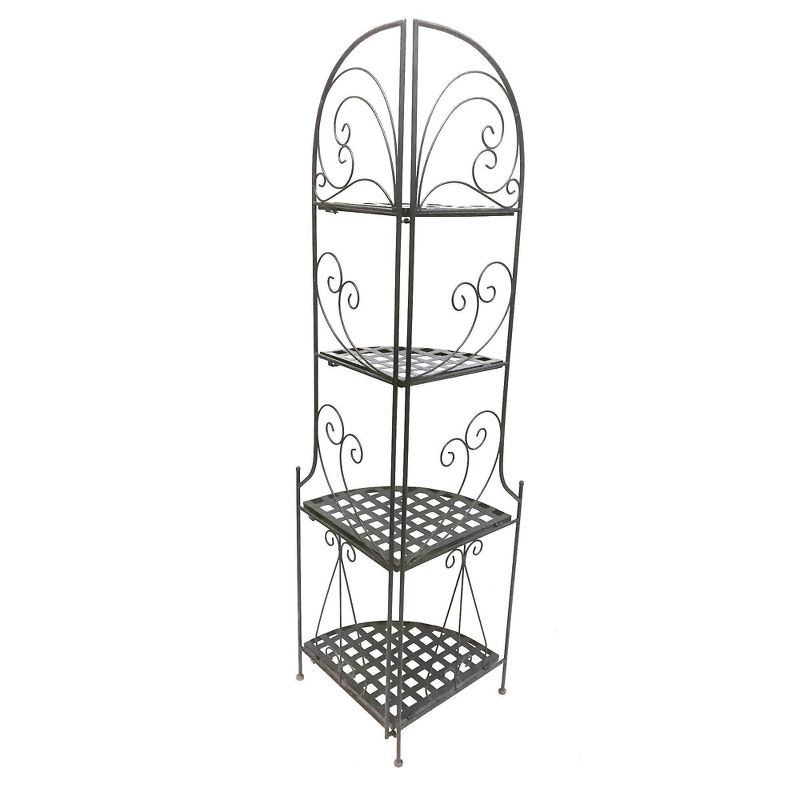 Foldable Metal Corner Bakers Rack with Grid Pattern Shelves Black - Benzara