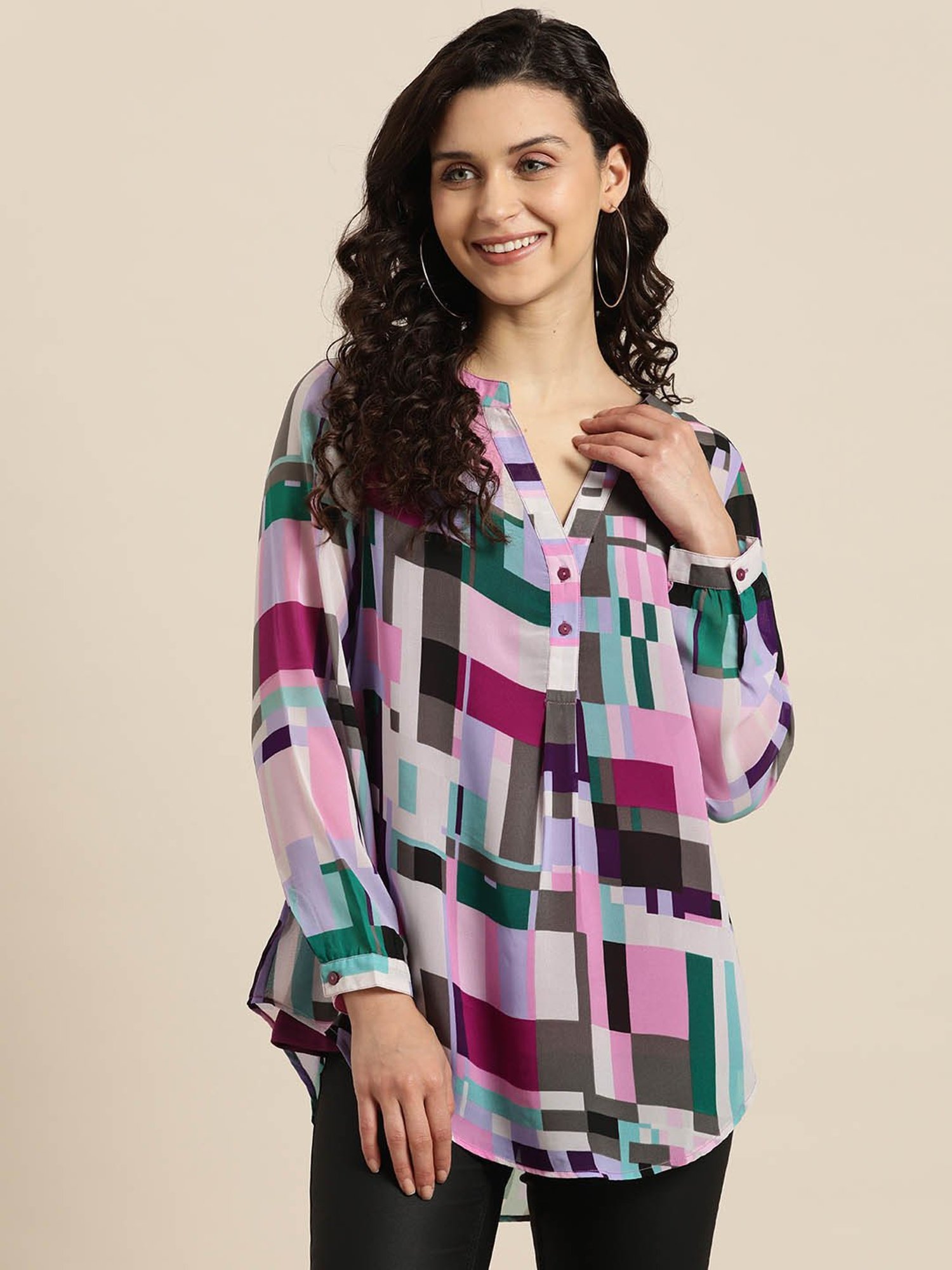 Qurvii Multicolor Geometric Print Top