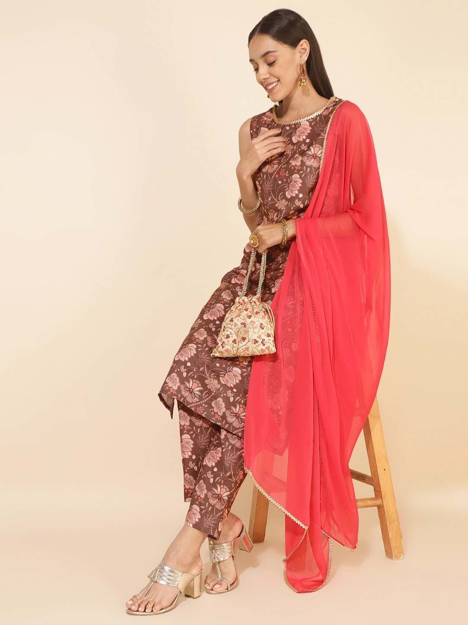 Janasya Brown Crepe Floral Print Kurta Pant Set With Dupatta