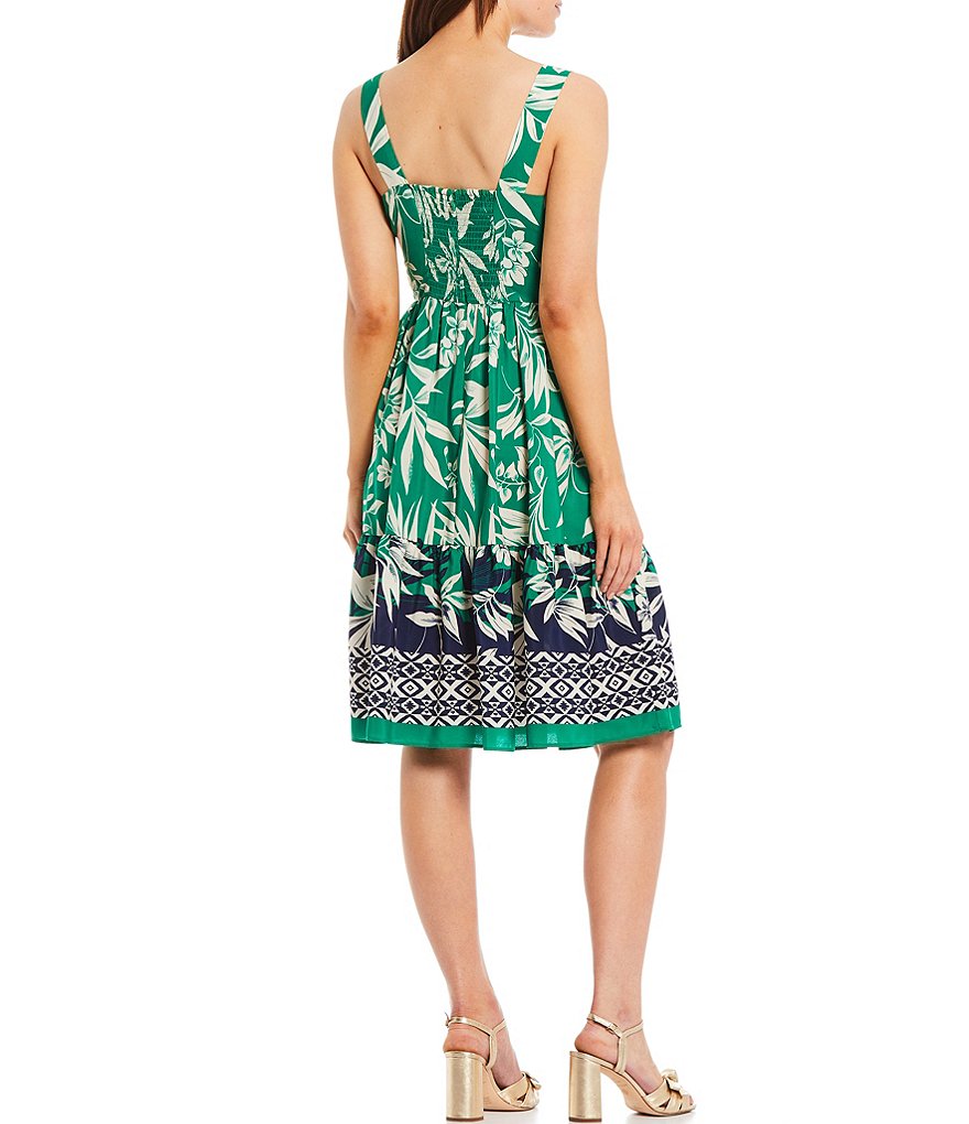 Jessica Howard Petite Size Sleeveless Border Print Square Neck A-Line Dress