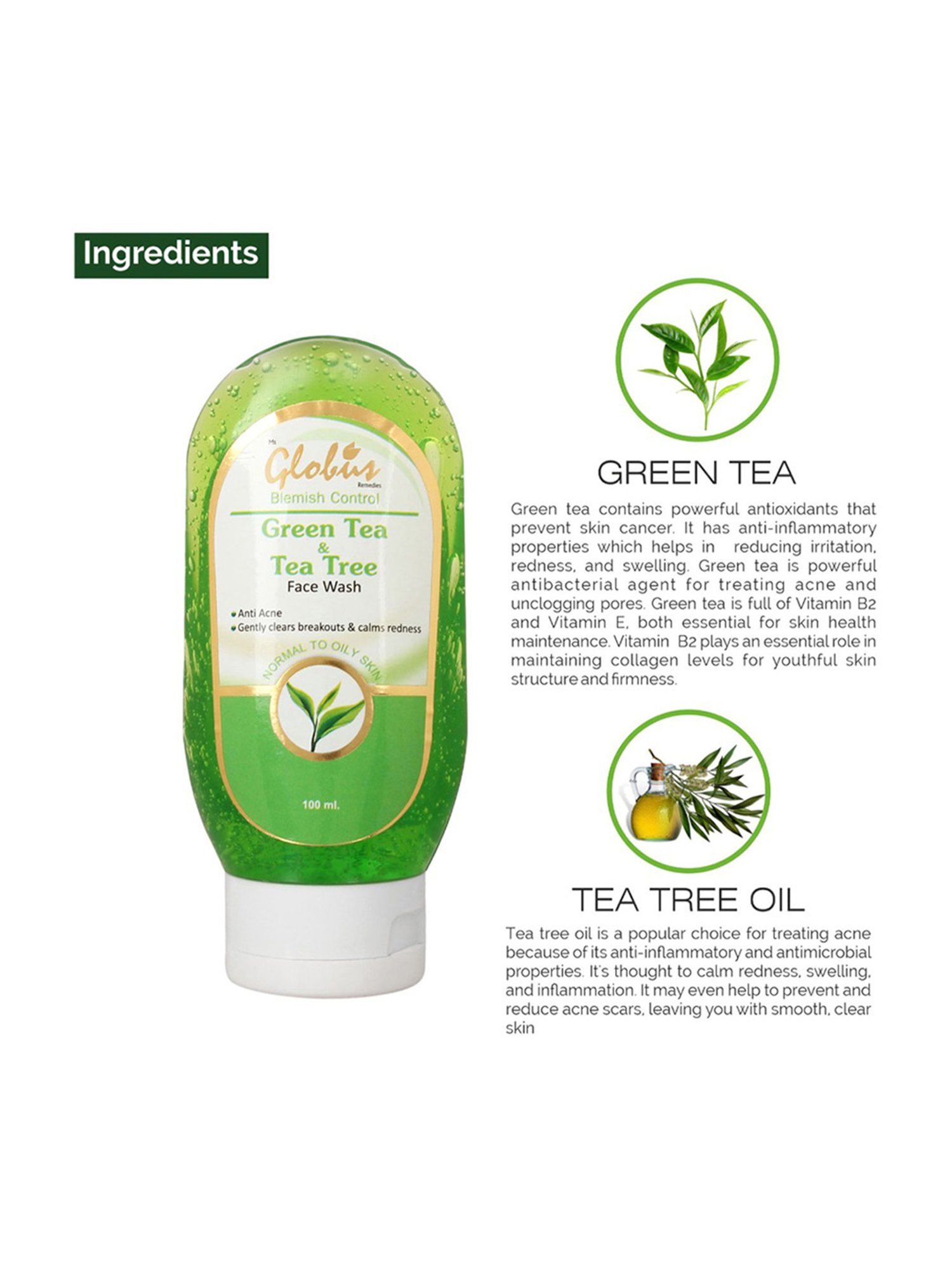 Globus Remedies Blemish Control Green Tea & Tea Tree Face Wash - 100 ml