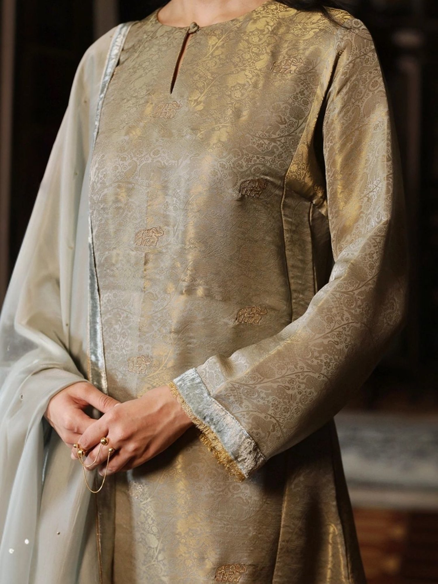 Ganga Fashions Belgian Block Grey and Golden Silk Woven Kurta with Salwar and Dupatta