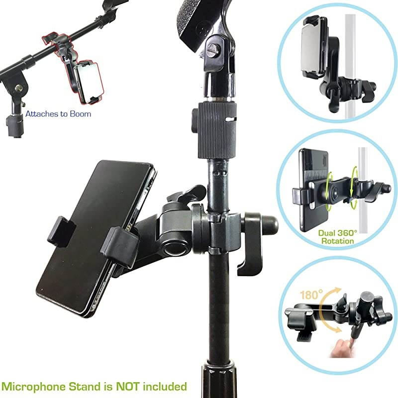 Music Boom Mic Microphone Stand Smartphone Mount w360&deg; Swivel Adjust Holder for Apple iPhone 11 Pro XR XS MAX X SE Samsung Galaxy S20 S10 12 Phones Zoom Video Compatible