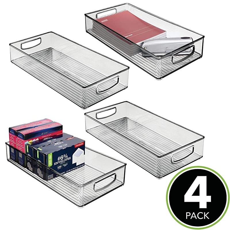 Plastic Storage Bin with Handles for Office Desk Book Shelf Filing Cabinet Organizer for Sticky Notes Pens Notepads Pencils Supplies BPA Free 16 Deep 4 Long Smoke Gray