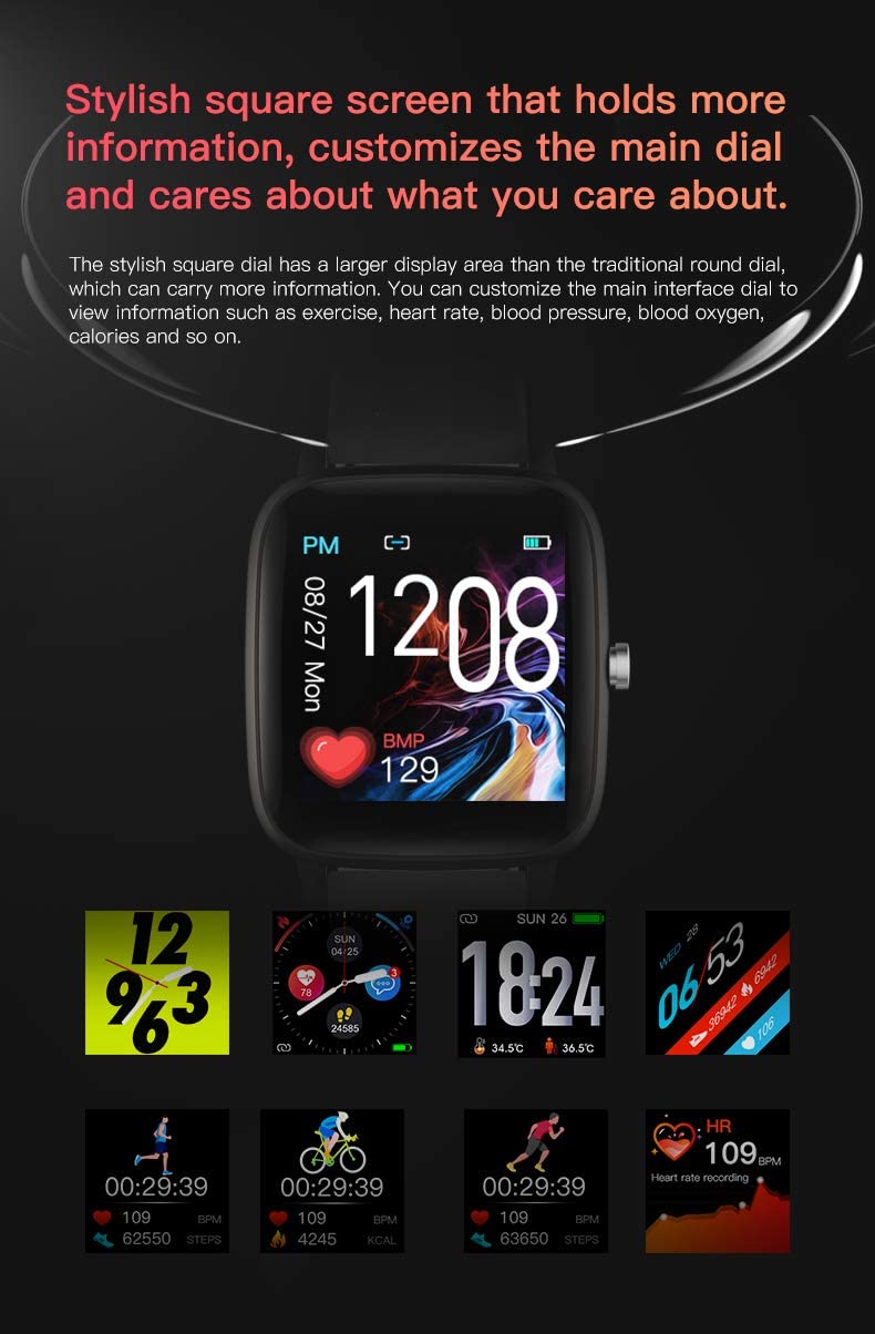 Smart Watch,Body Temperature Measurement ,IP67 Waterproof,Sports Data, Calorie Monitoring,Smart Sports Bracelet,Heart Rate ,Blood Pressure, Blood Oxygen (Pink)