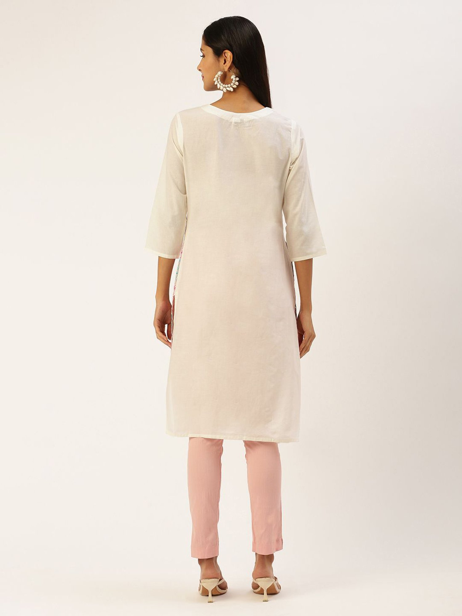 SHANVIKA Cream Embroidered Cotton Straight Kurta