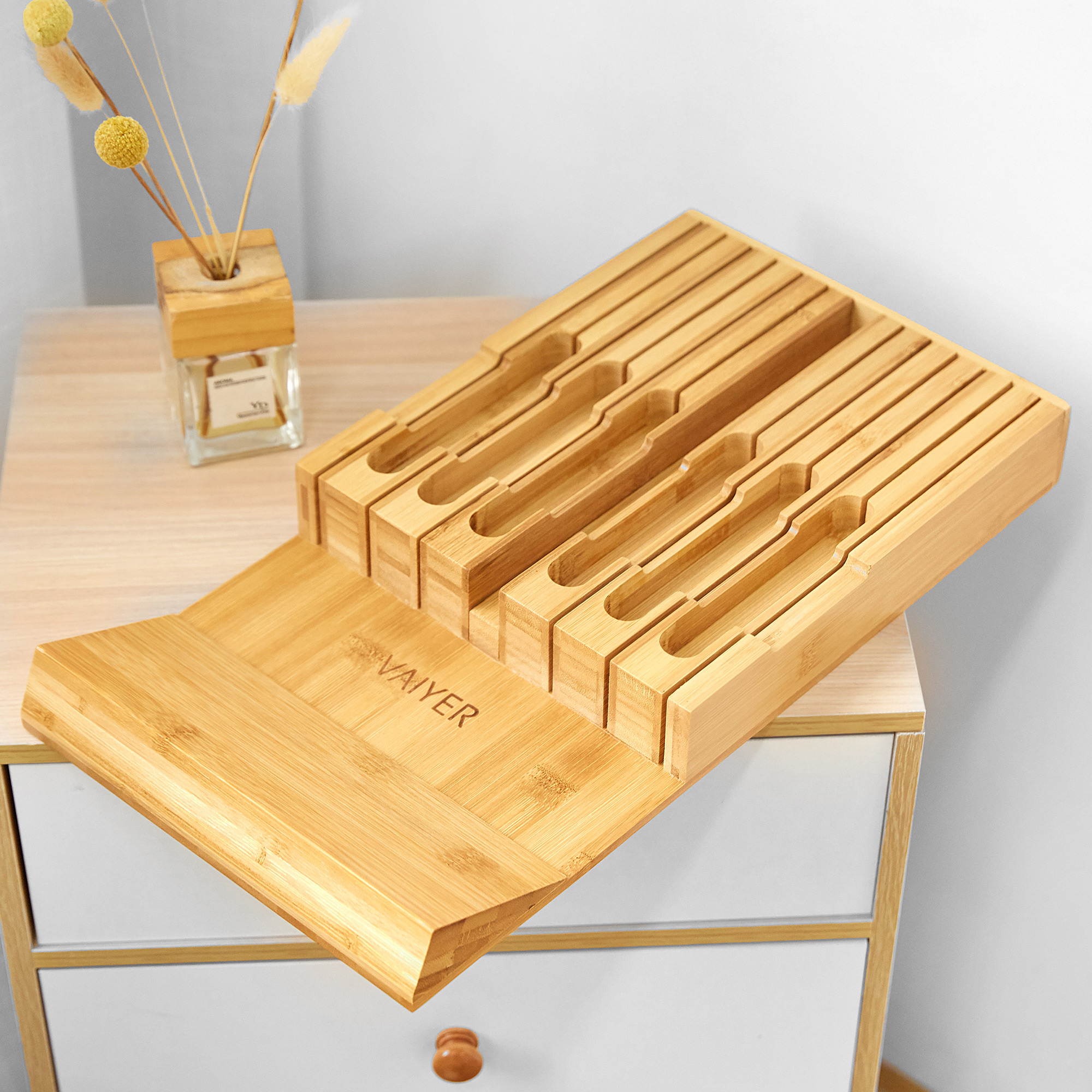 Vaiyer, In-Drawer Bamboo Knife Block Holds 12 Knives (Not Included), 
 Slot for your Knife Sharpener, Chef Knife Organizer Made from Quality Bamboo, Special Designed Angled Rest to Keep Blades down