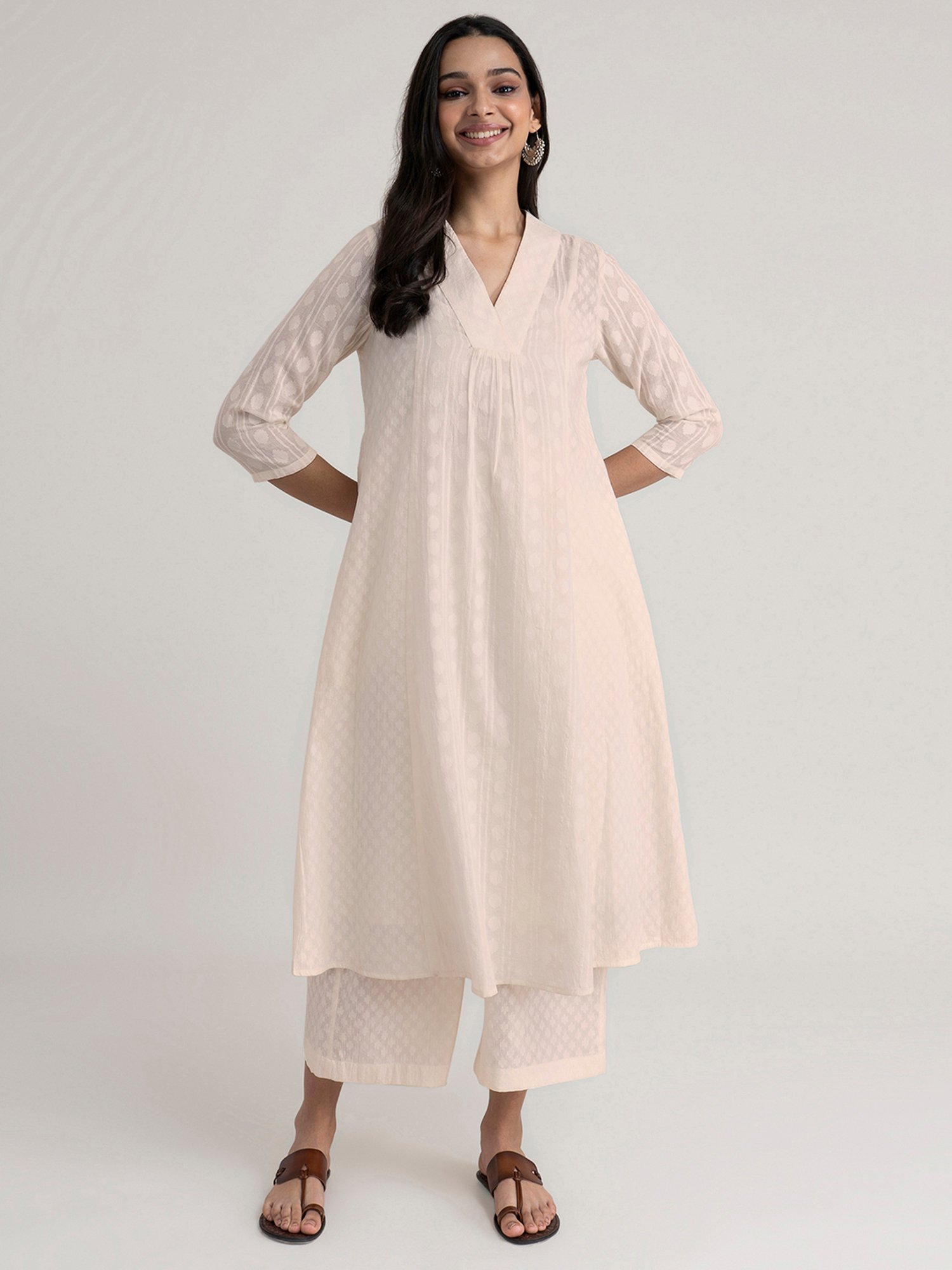 Pink Fort Off-White Cotton Embroidered Kurta Palazzo Set