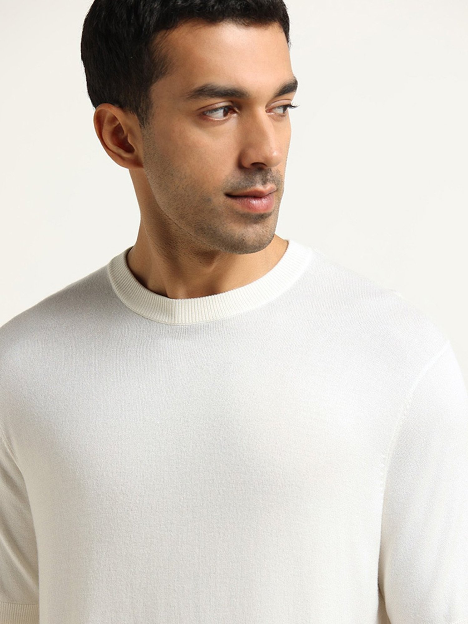 WES Formals by Westside Off-White Slim-Fit Ribbed T-Shirt