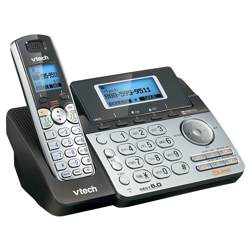 VTech DS6151 DECT 6.0 2-Line Expandable Cordless Phone with Answering System and Caller ID, Silver/Black