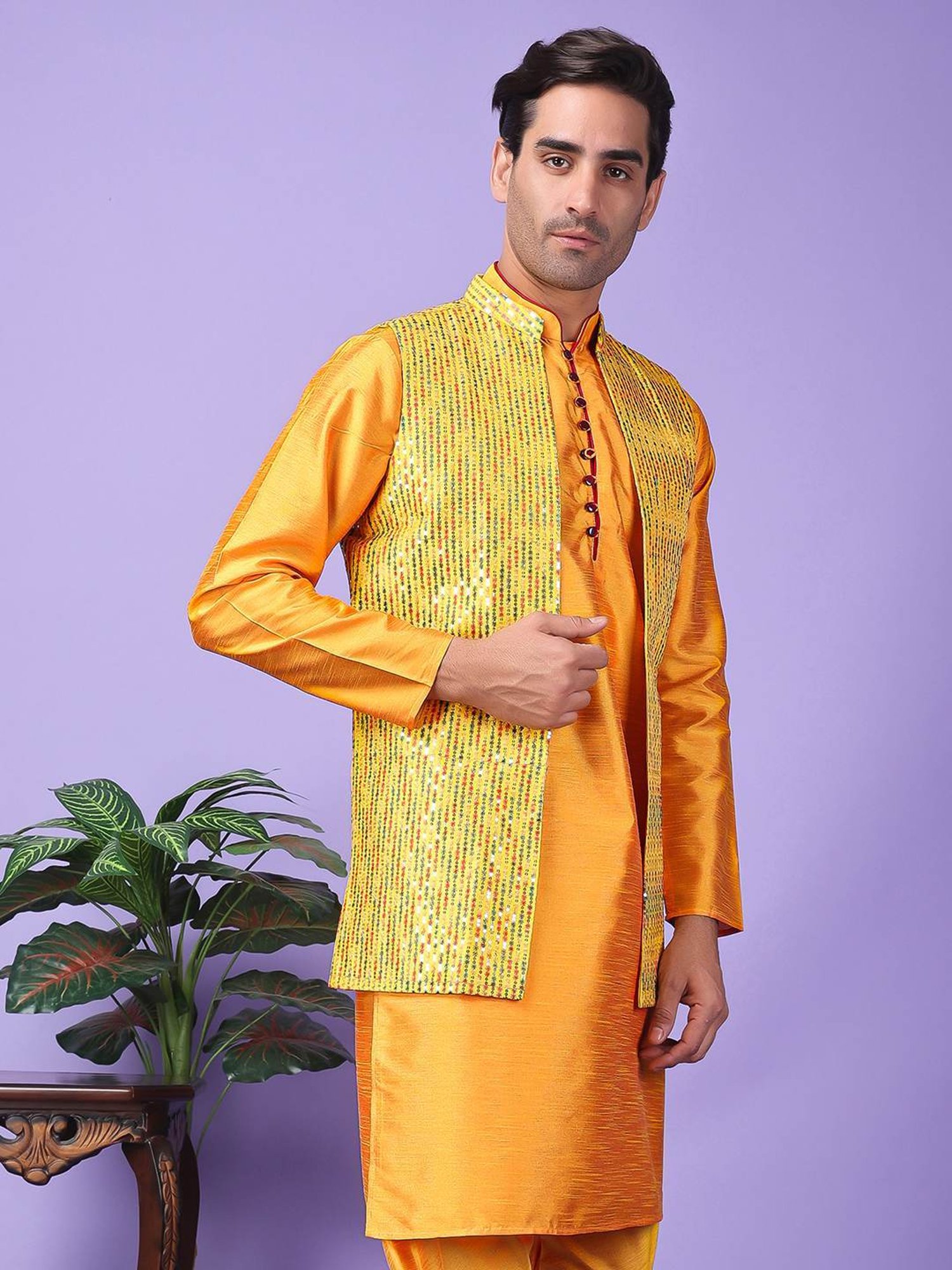 Hangup Yellow Regular Fit Embroidered Nehru Jacket