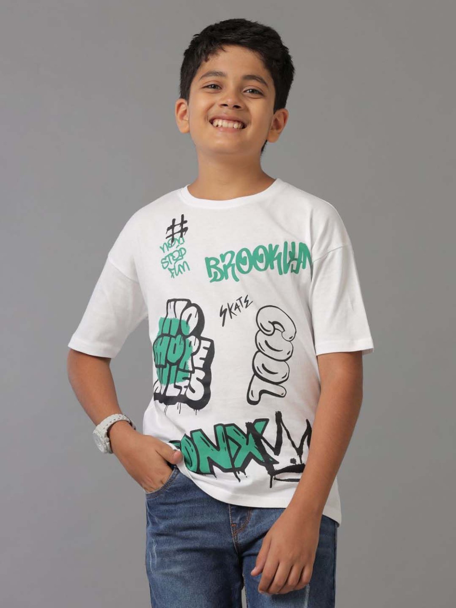 Under Fourteen Only Kids White Cotton Printed T-Shirt