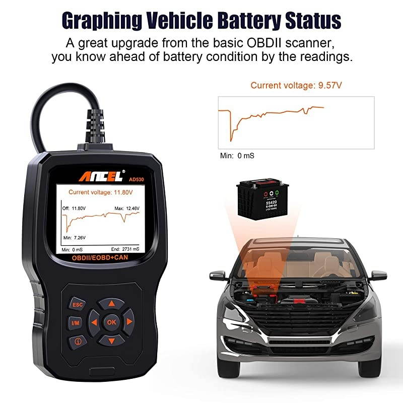 AD530 Vehicle OBD2 Scanner Car Code Reader Diagnostic Scan Tool with Enhanced Code Definition and Upgraded Graphing Battery Status
