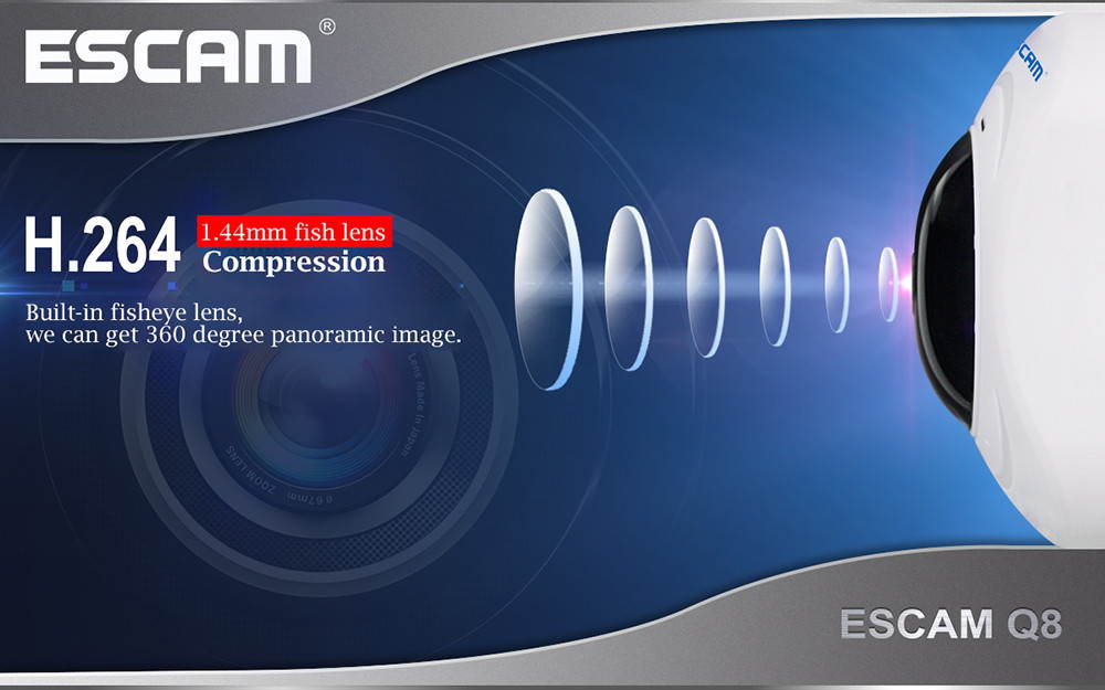 ESCAM Q8 360 Degree Panoramic WiFi IP Camera 960P Fisheye Lens BLACK US Plug
