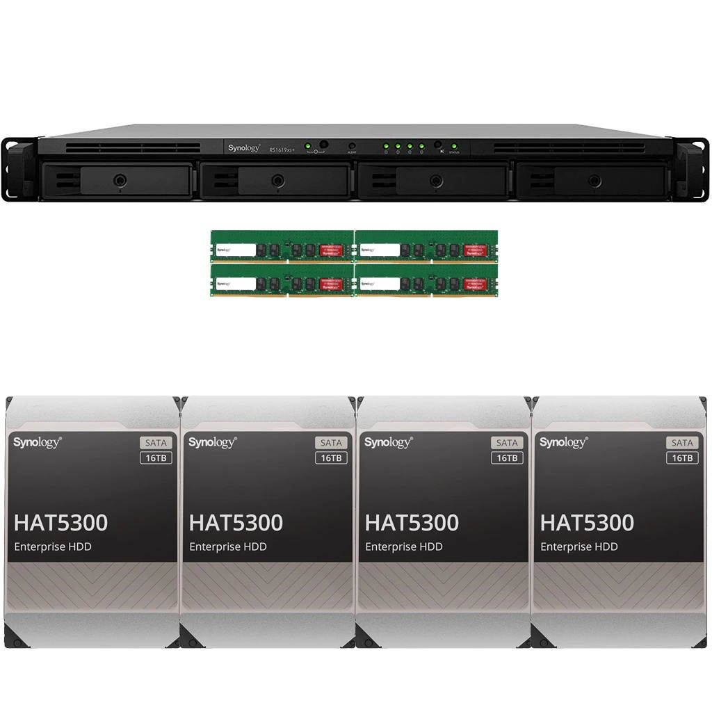 Synology RS1619xs+ RackStation with 32GB RAM and 64TB (4 x 16TB) of HAT5300 Synology Enterprise Drives Fully Assembled and Tested By CustomTechSales