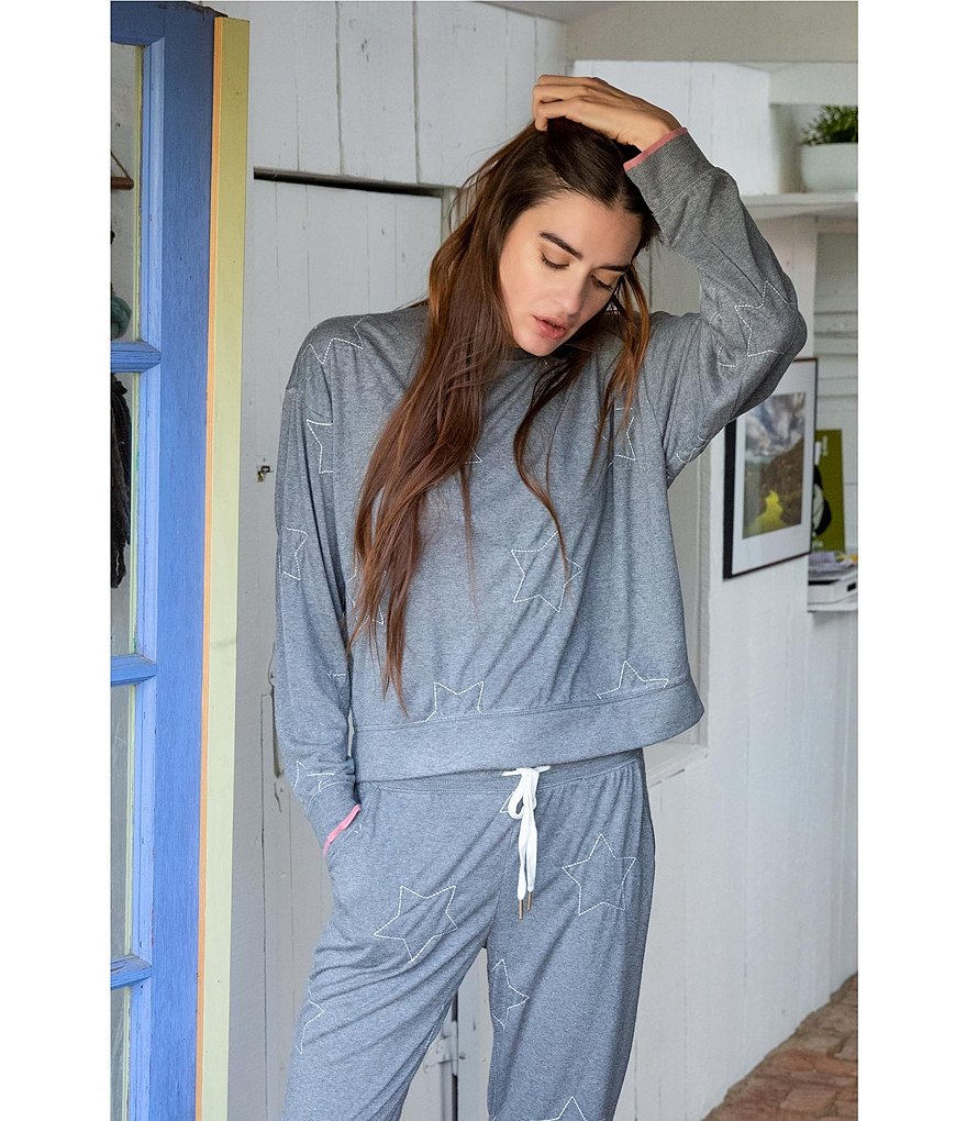 PJ Salvage Embroidered Star Struck Long Sleeve Design Coordinating Knit Sleep Top